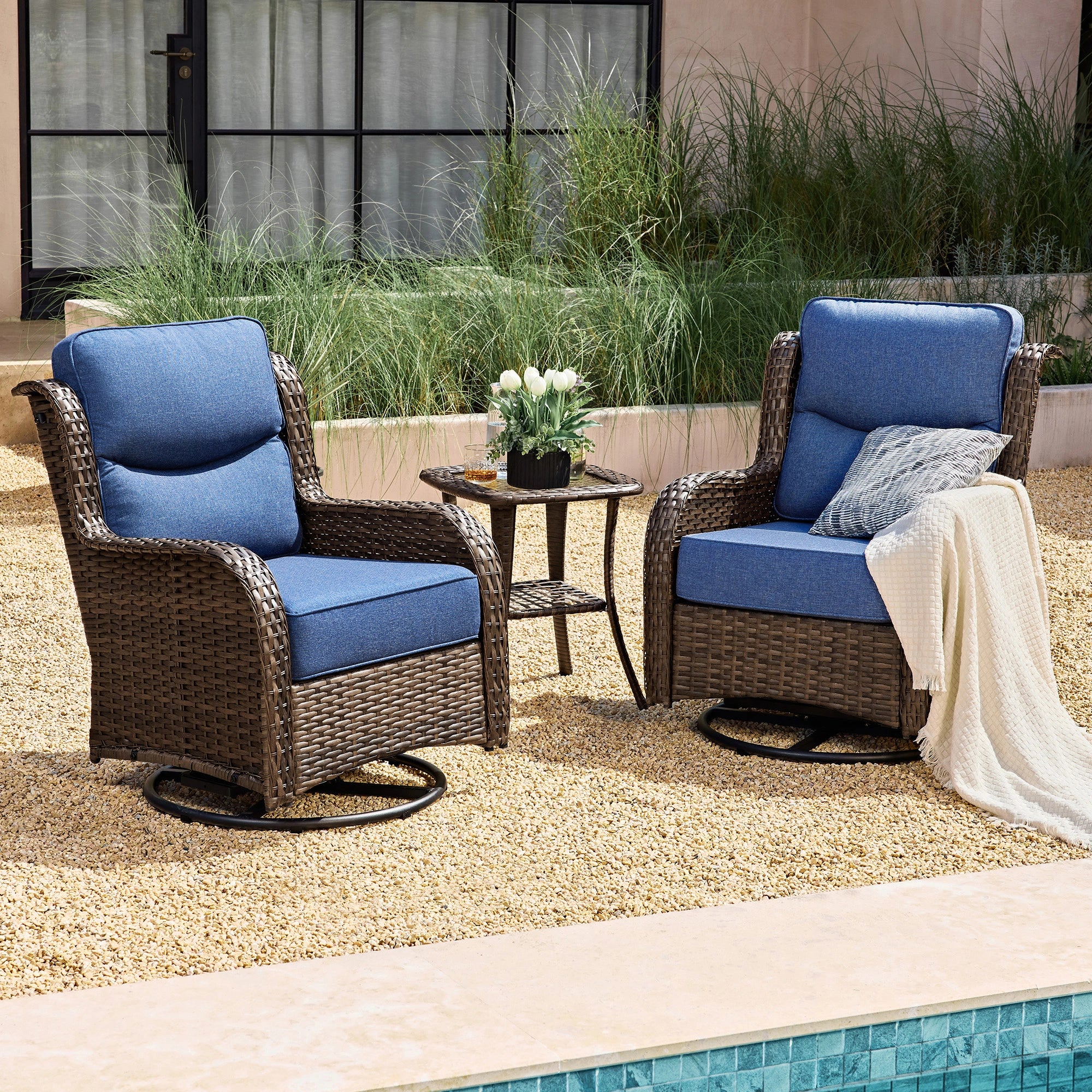 Hawthorne 3 Piece Outdoor Wicker 360° Swivel Conversation Set With Cushions & Side Table For Porch