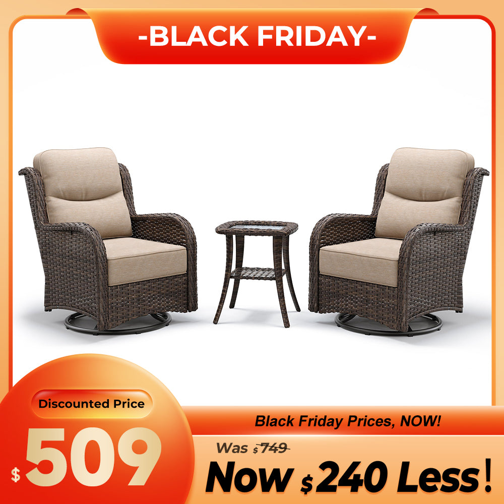Hawthorne 3 Piece Outdoor Wicker 360° Swivel Conversation Set With Cushions & Side Table For Porch