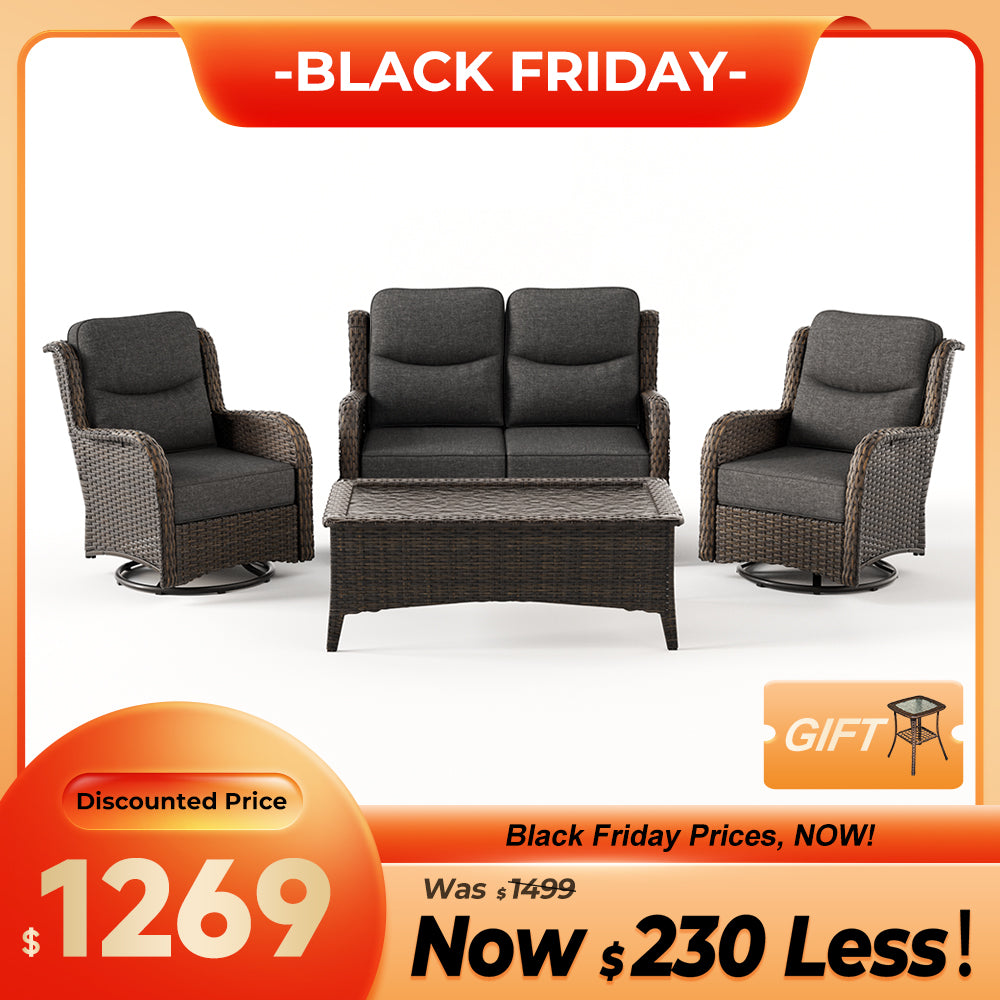 Hawthorne 4 Seater Patio Wicker Loveseat Set With Swivel Glider Chairs And Coffee Table
