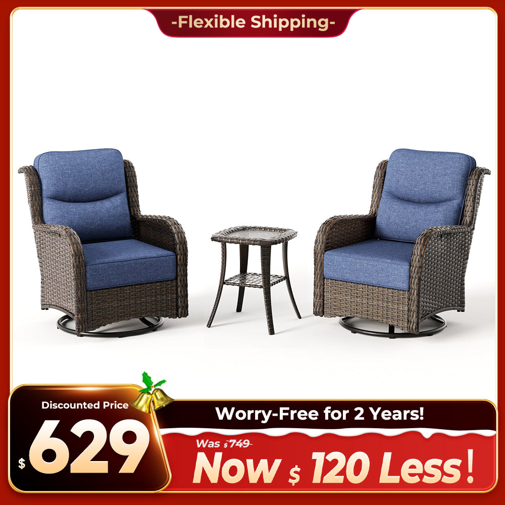 Hawthorne 3 Piece Outdoor Wicker 360° Swivel Conversation Set With Cushions & Side Table For Porch