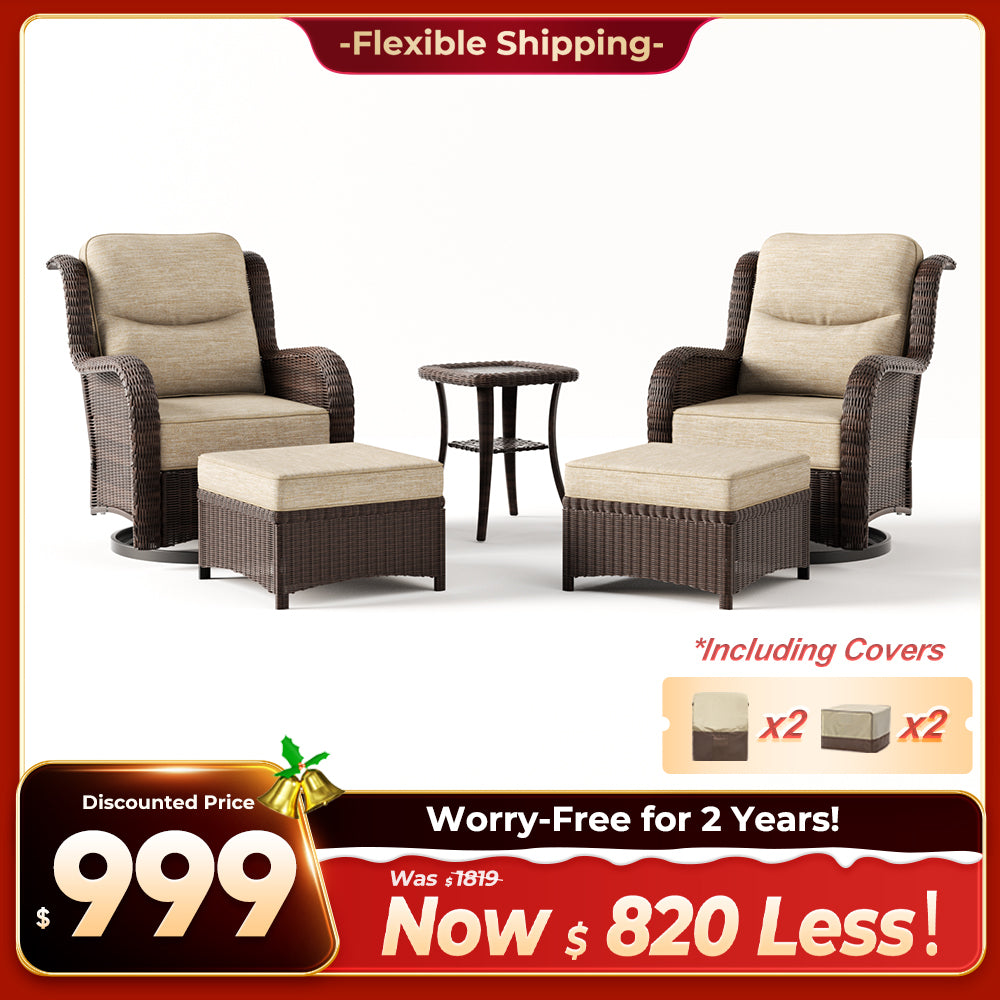 Ardenelle Luxury 5 Piece Patio Wicker Conversation Set With Ottomans And Covers