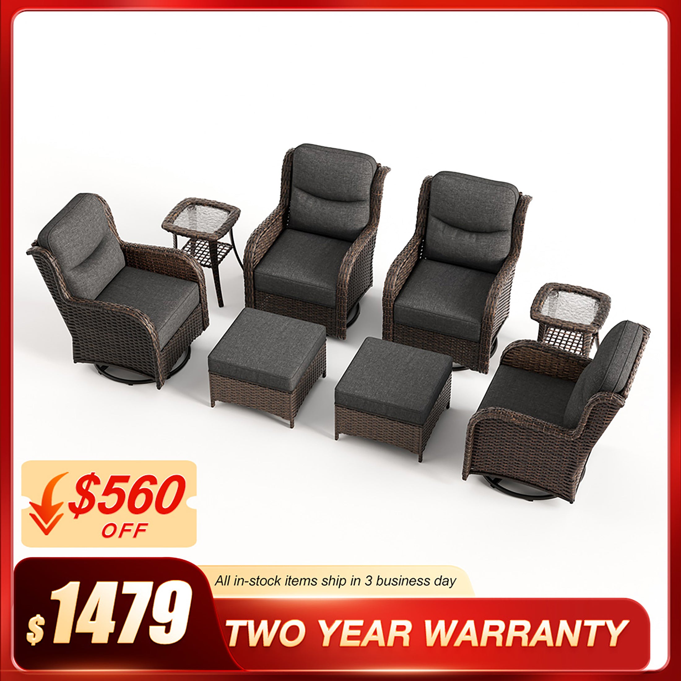 Hawthorne 8 Piece Patio Rattan Swivel Gliding Conversation Set With Side Tables & Ottomans For Backyard