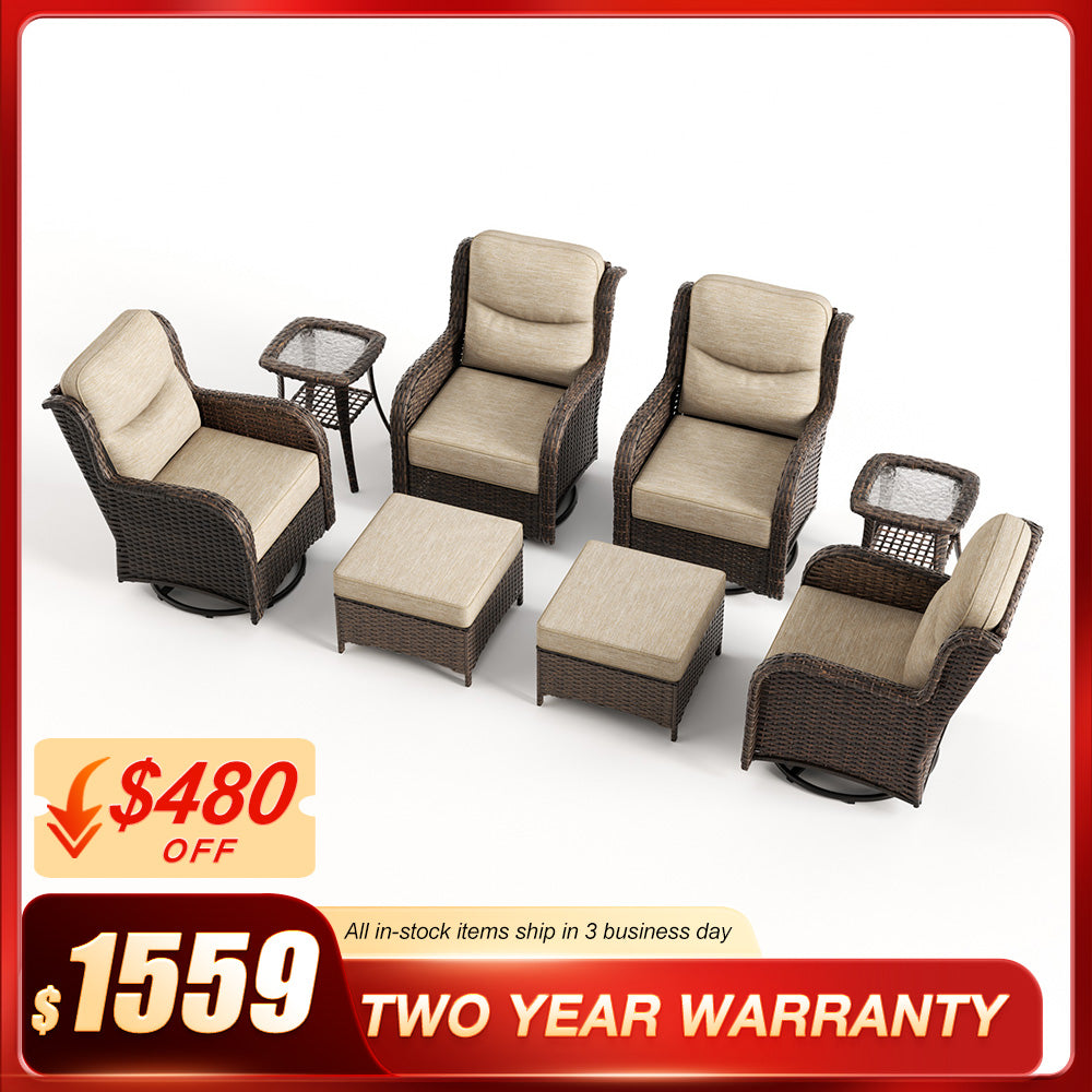 Hawthorne 8 Piece Patio Rattan Swivel Gliding Conversation Set With Side Tables & Ottomans For Backyard