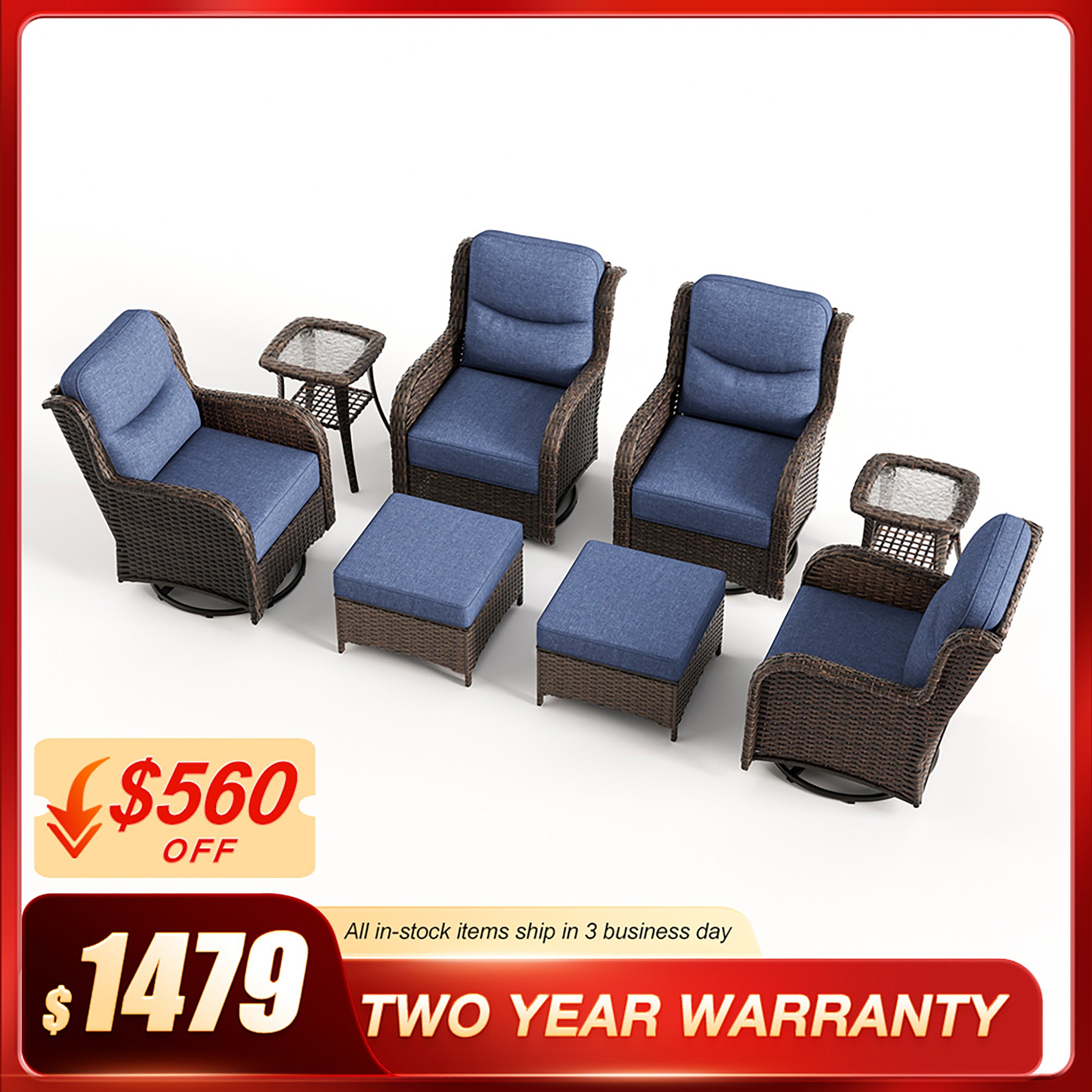 Hawthorne 8 Piece Patio Rattan Swivel Gliding Conversation Set With Side Tables & Ottomans For Backyard
