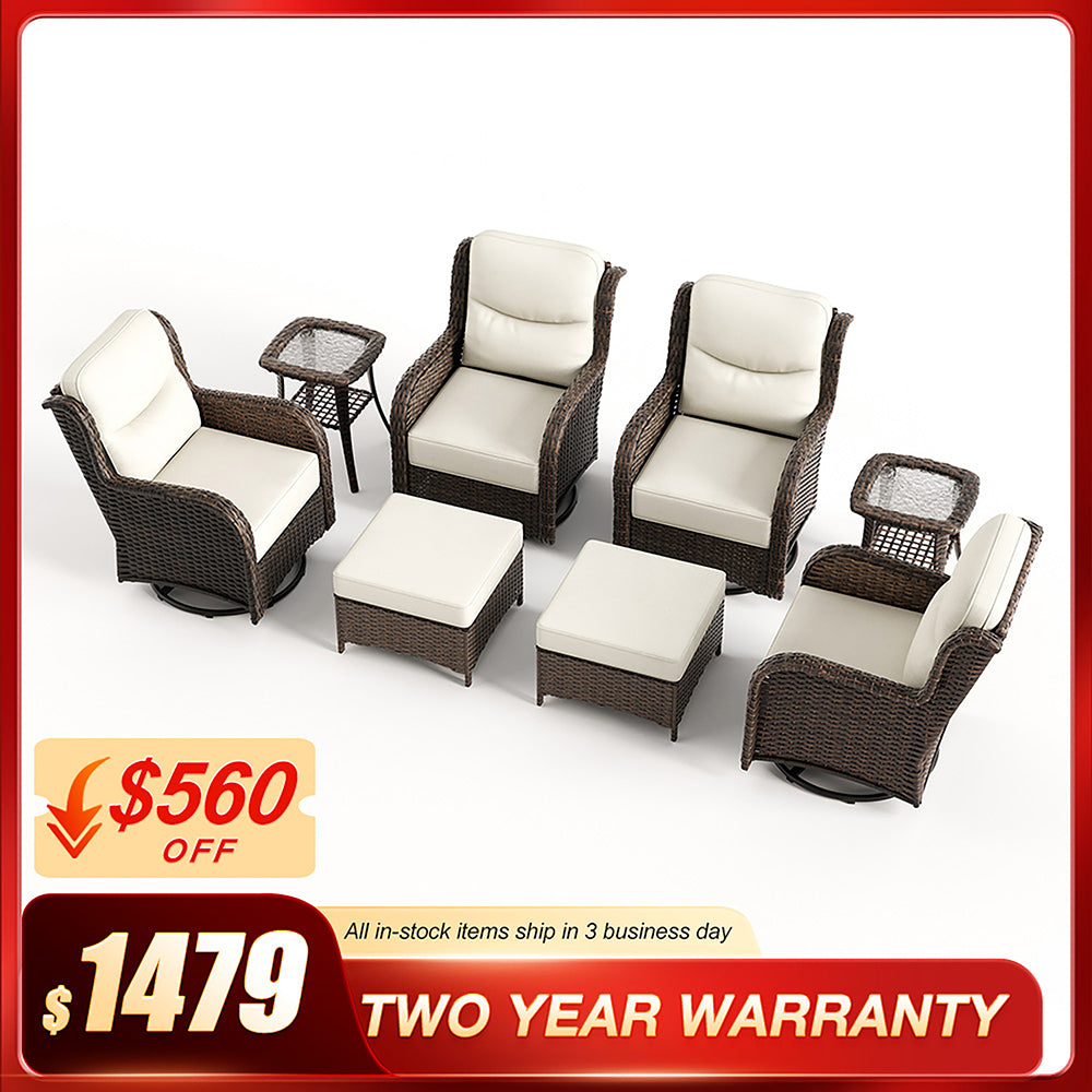 Hawthorne 8 Piece Patio Rattan Swivel Gliding Conversation Set With Side Tables & Ottomans For Backyard
