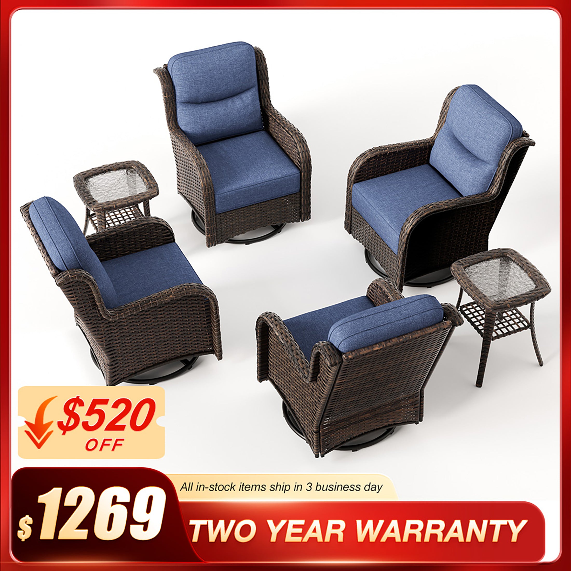 Hawthorne 6 Piece Patio Rattan Deck Conversation Set With Side Tables