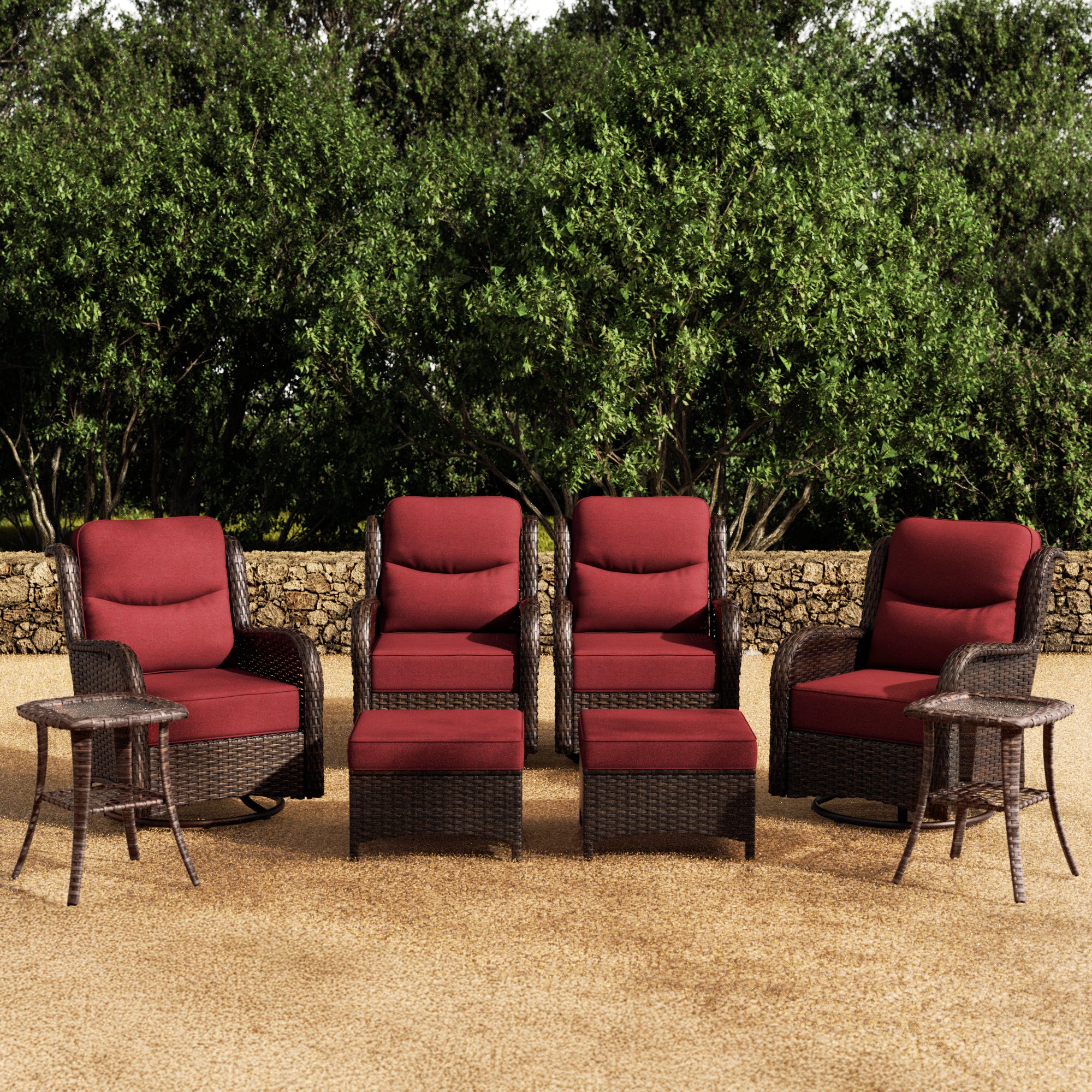 Hawthorne 8 Piece Patio Rattan Swivel Gliding Conversation Set With Side Tables & Ottomans For Backyard