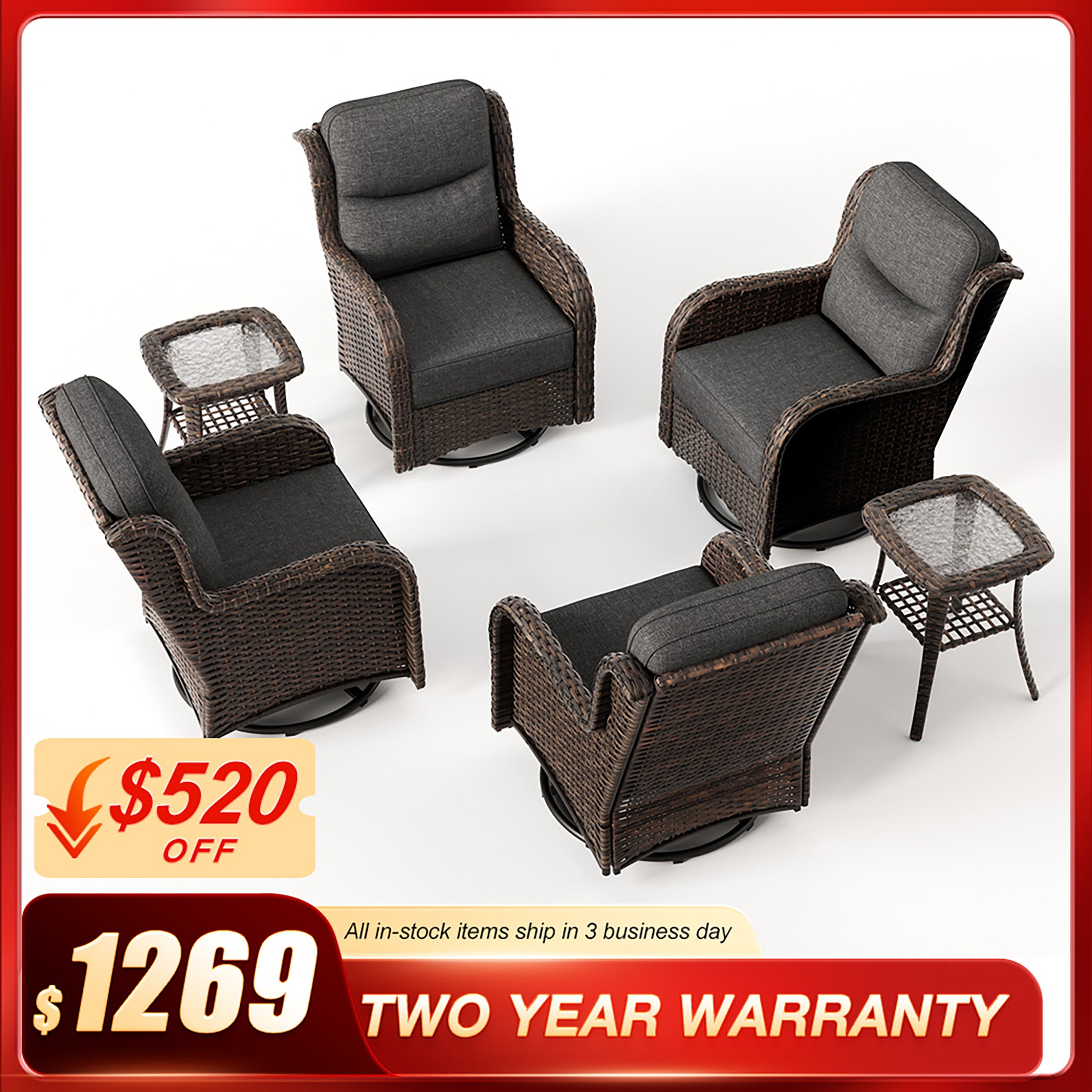 Hawthorne 6 Piece Patio Rattan Deck Conversation Set With Side Tables