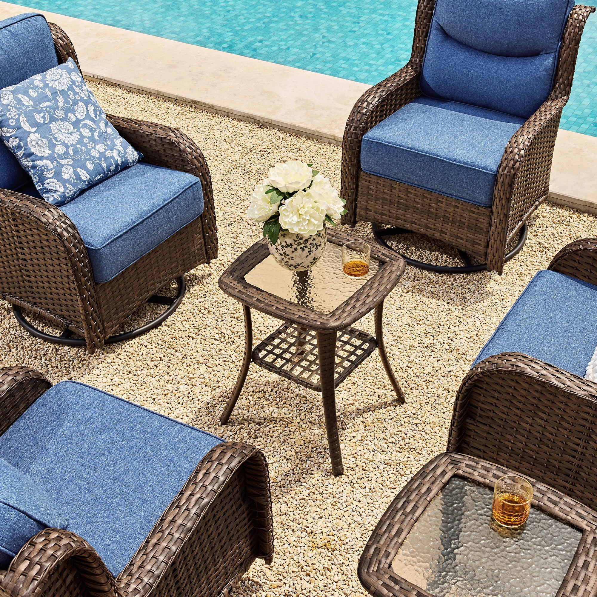 Hawthorne 6 Piece Patio Rattan Deck Conversation Set With Side Tables