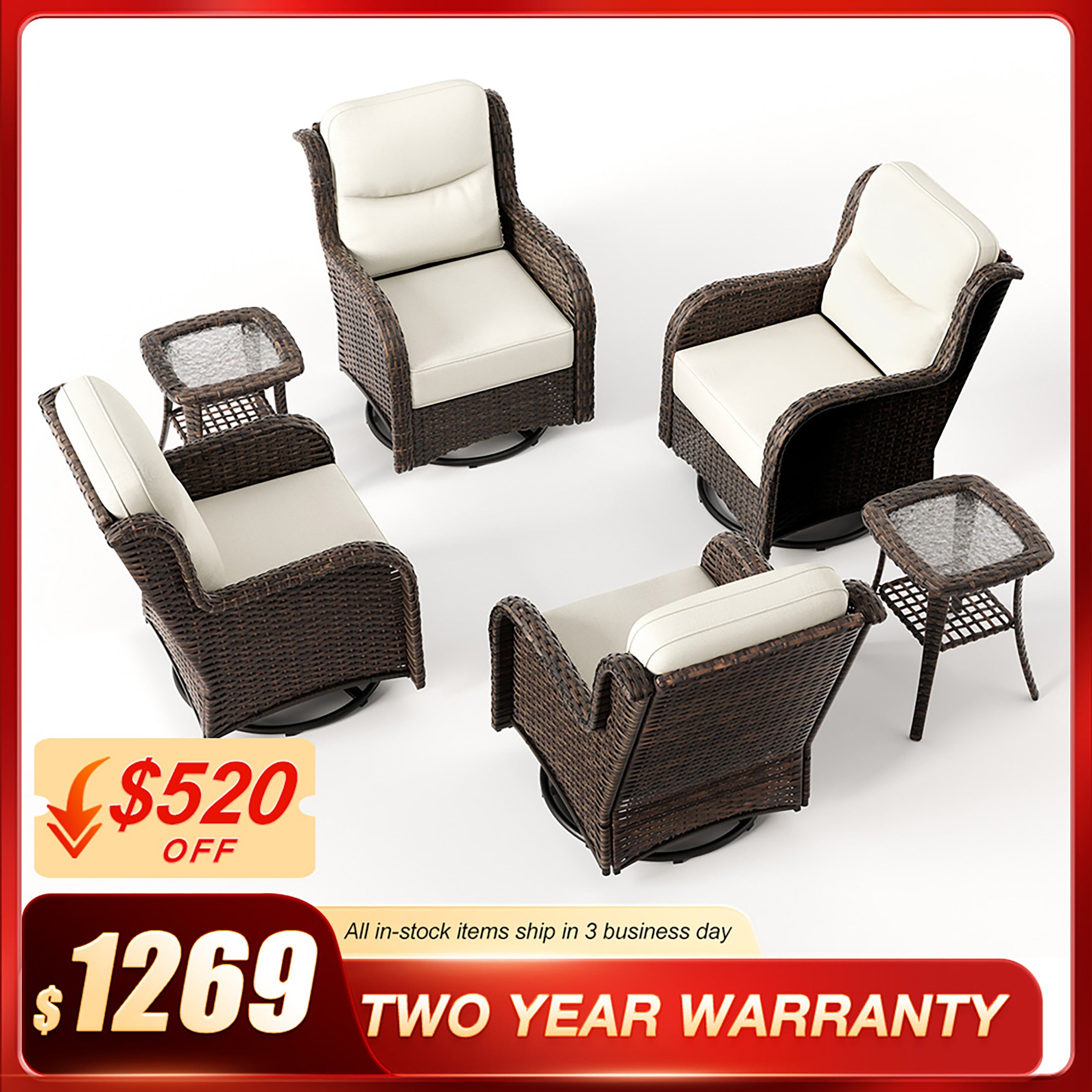 Hawthorne 6 Piece Patio Rattan Deck Conversation Set With Side Tables