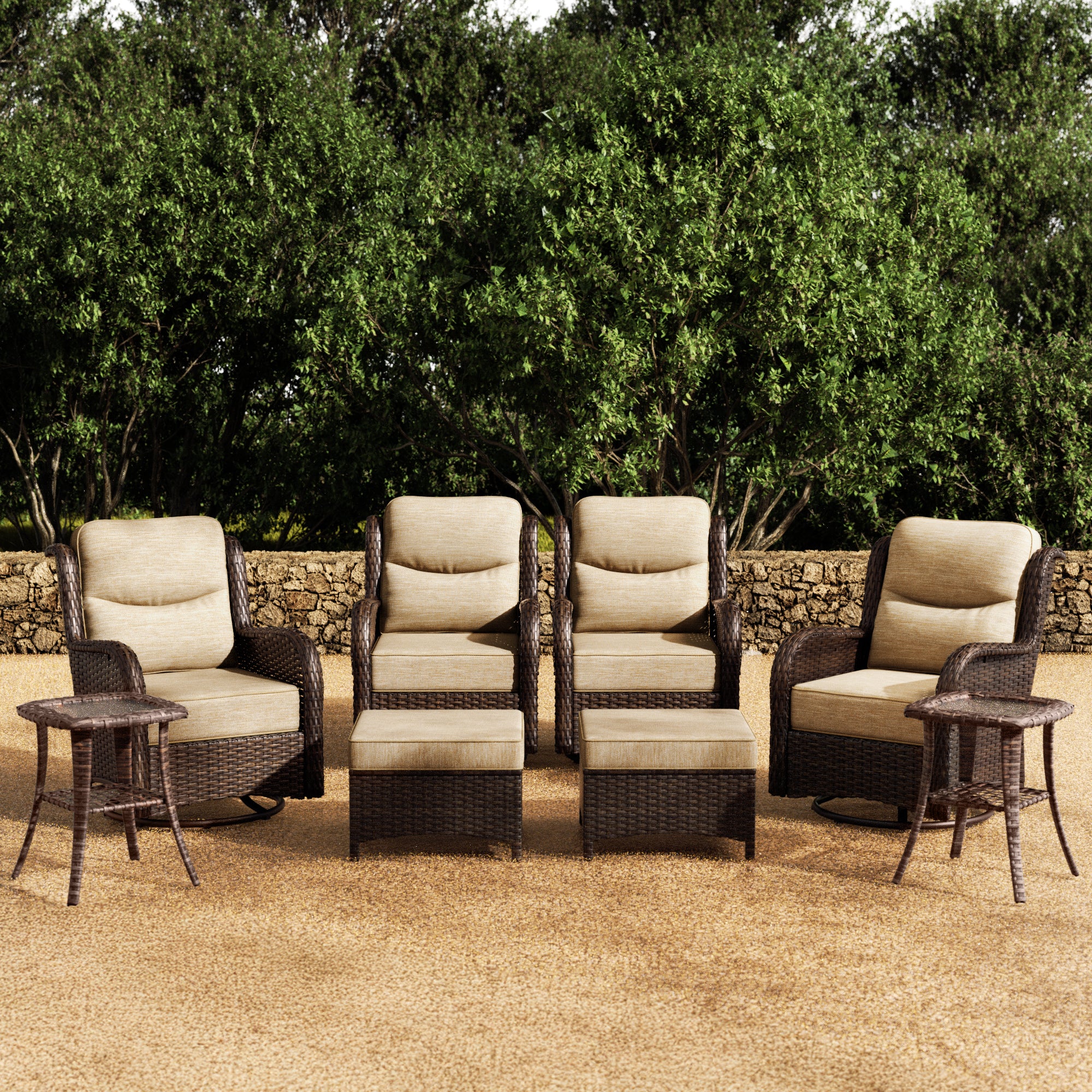Hawthorne 8 Piece Patio Rattan Swivel Gliding Conversation Set With Side Tables & Ottomans For Backyard