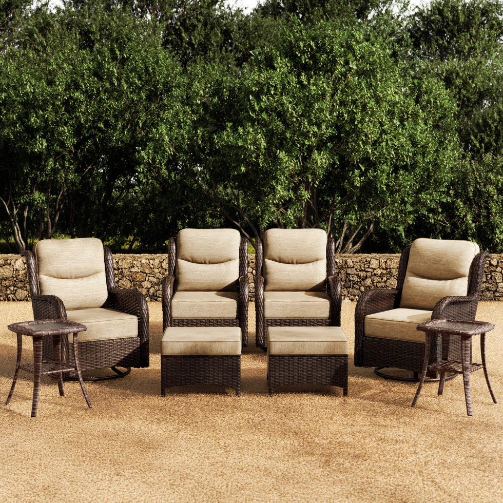 Hawthorne 8 Piece Patio Rattan Swivel Gliding Conversation Set With Side Tables & Ottomans For Backyard