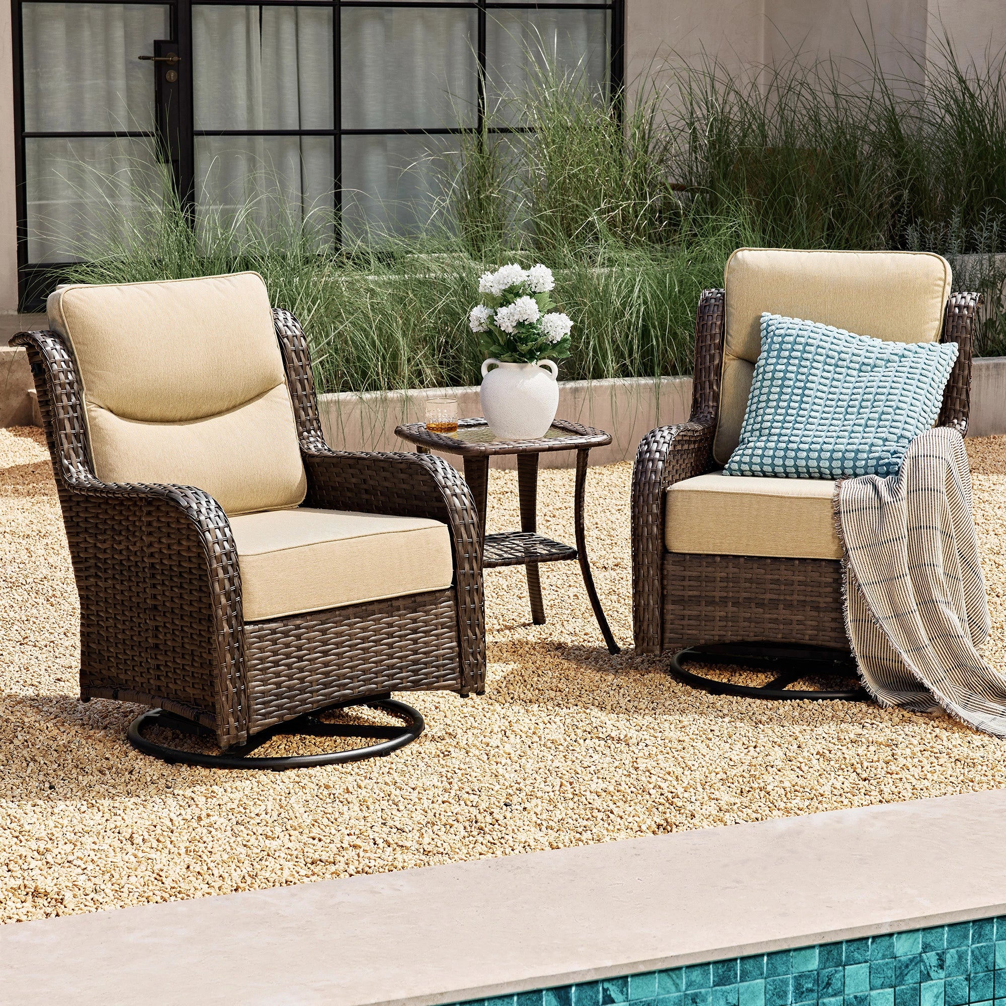 Hawthorne 3 Piece Outdoor Wicker 360° Swivel Conversation Set With Cushions & Side Table For Porch