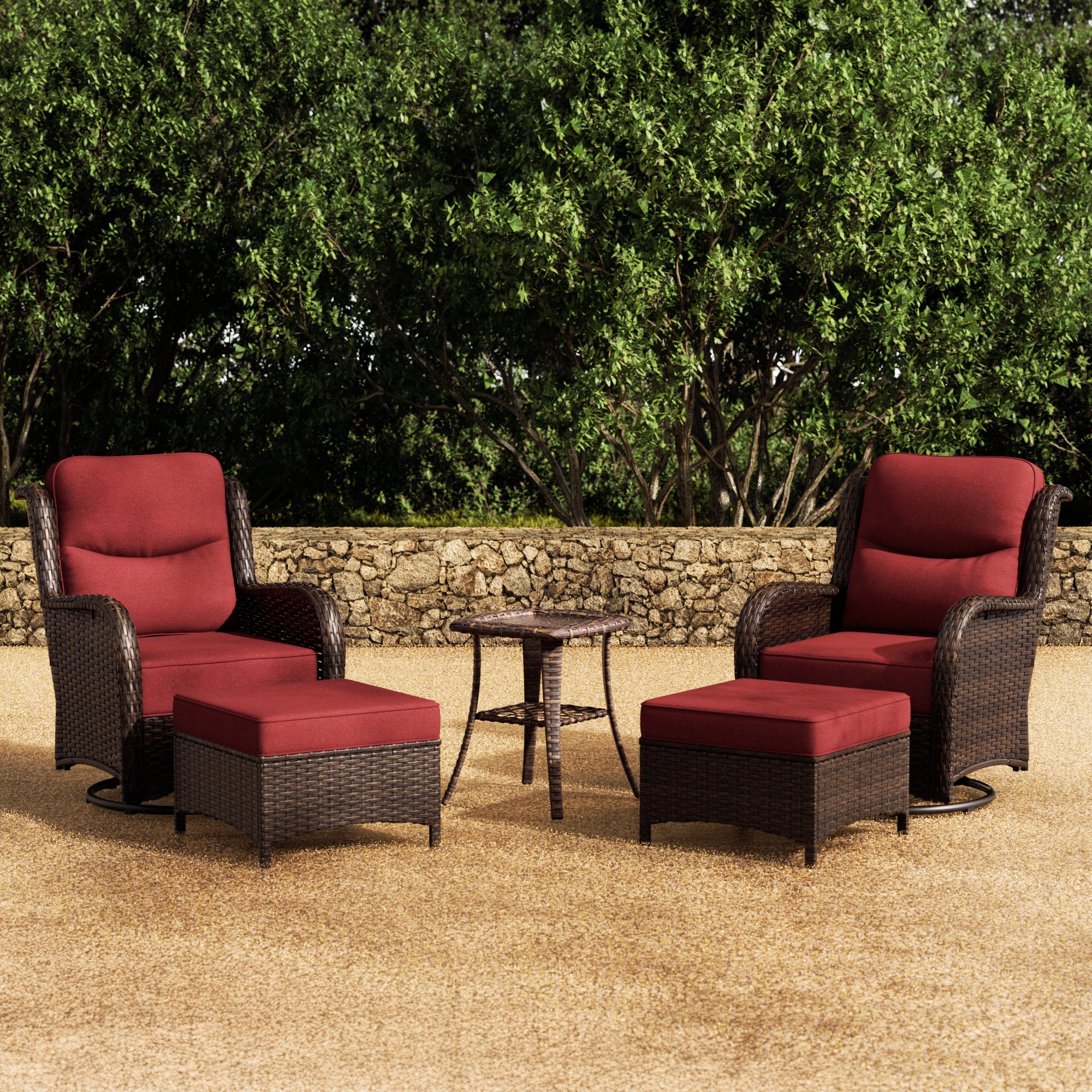 Hawthorne 5 Piece Outdoor Wicker Conversation Set With  Side Table & Ottomans For Balcony