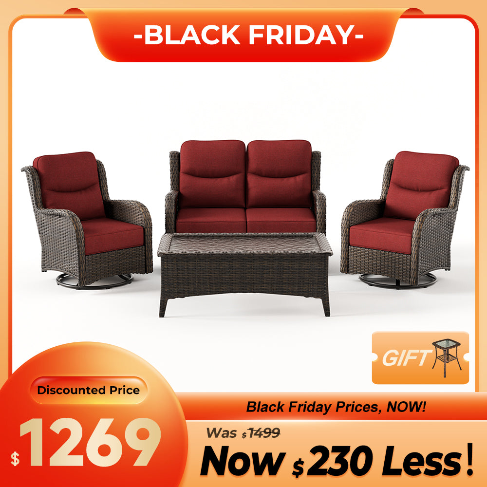 Hawthorne 4 Seater Patio Wicker Loveseat Set With Swivel Glider Chairs And Coffee Table