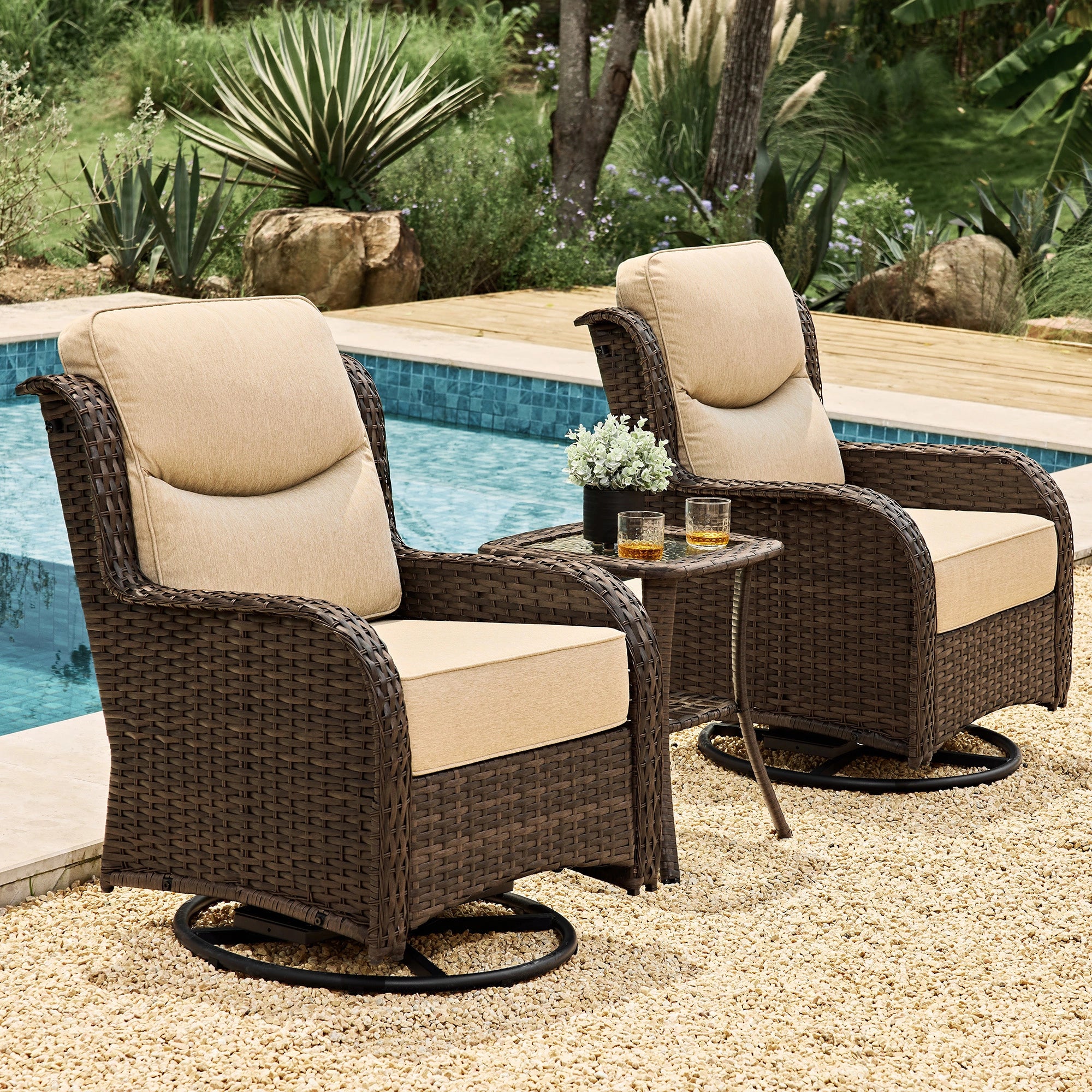 Hawthorne 3 Piece Outdoor Wicker 360° Swivel Conversation Set With Cushions & Side Table For Porch