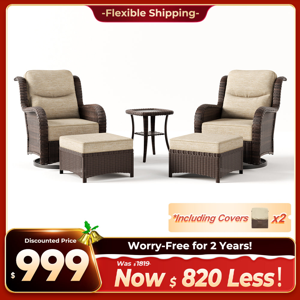 Ardenelle Luxury 5 Piece Patio Wicker Conversation Set With Ottomans And Covers