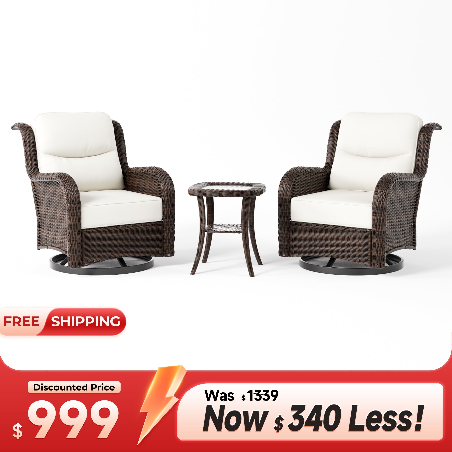 Ardenelle Luxury 3 Piece Patio Wicker Conversation Set With Side Table And Covers