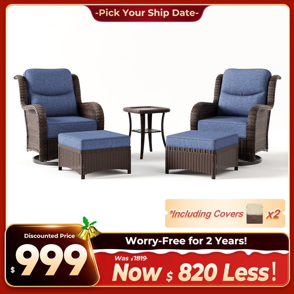 Ardenelle Luxury 5 Piece Patio Wicker Conversation Set With Ottomans And Covers