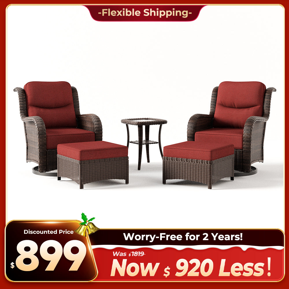 Ardenelle Luxury 5 Piece Patio Wicker Conversation Set With Ottomans And Covers