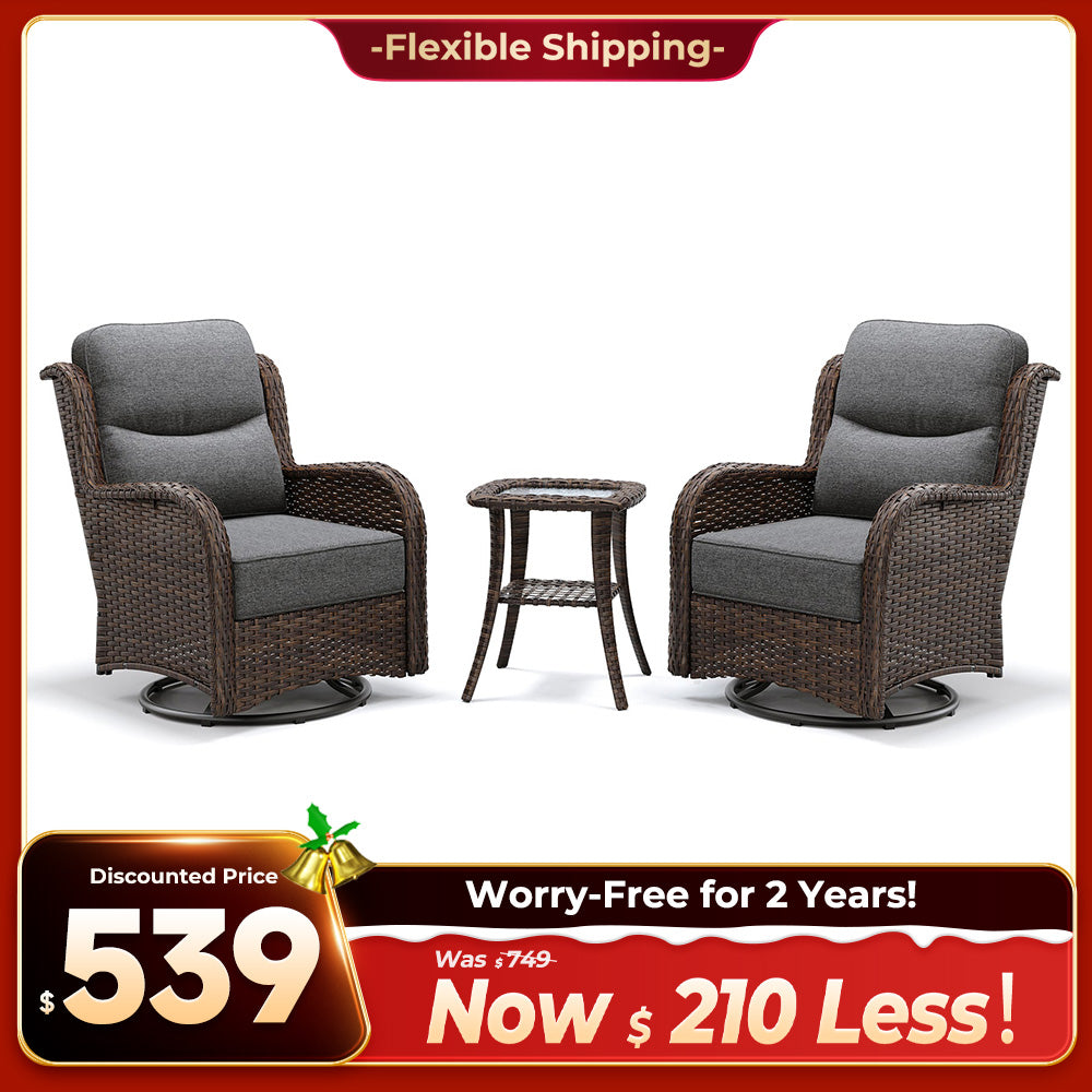 Hawthorne 3 Piece Outdoor Wicker 360° Swivel Conversation Set With Cushions & Side Table For Porch