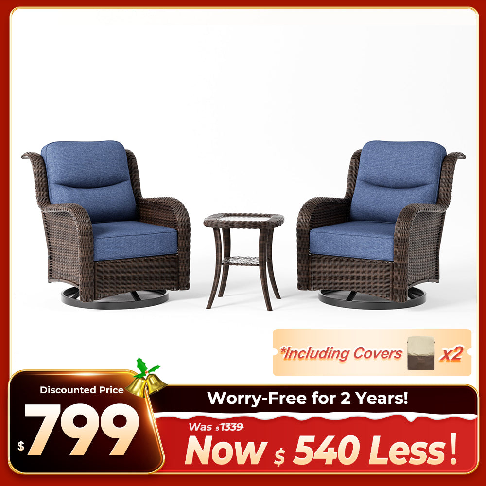 Ardenelle Luxury 3 Piece Patio Wicker Conversation Set With Side Table And Covers