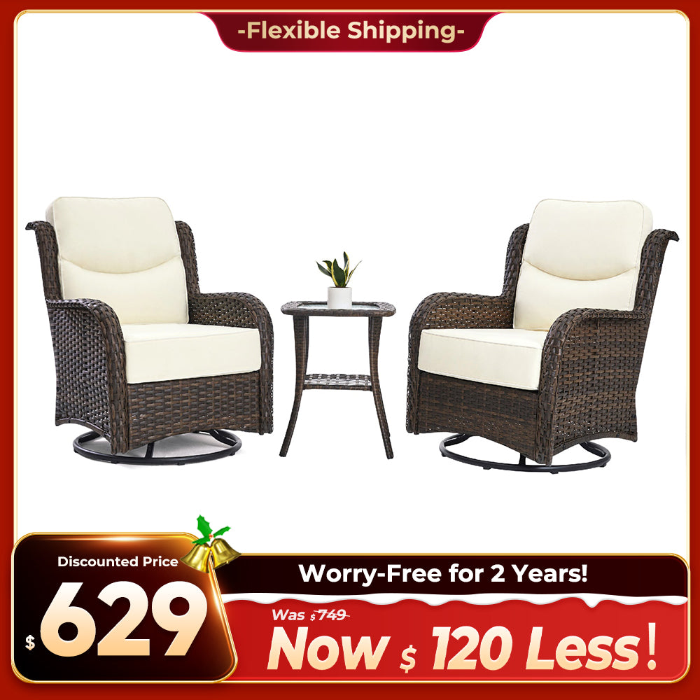 Hawthorne 3 Piece Outdoor Wicker 360° Swivel Conversation Set With Cushions & Side Table For Porch