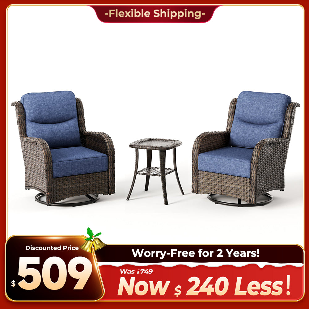 Hawthorne 3 Piece Outdoor Wicker 360° Swivel Conversation Set With Cushions & Side Table For Porch