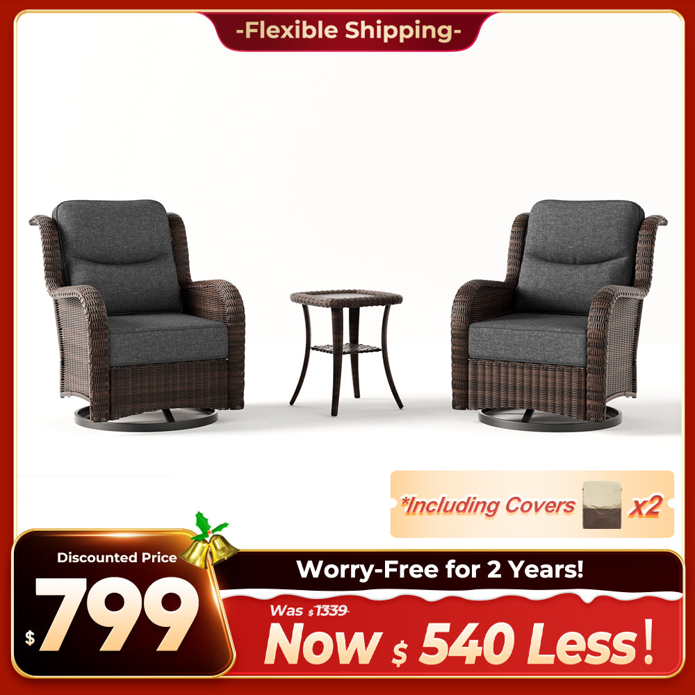 Ardenelle Luxury 3 Piece Patio Wicker Conversation Set With Side Table And Covers