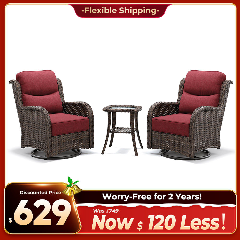 Hawthorne 3 Piece Outdoor Wicker 360° Swivel Conversation Set With Cushions & Side Table For Porch