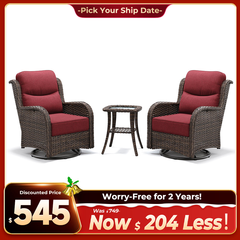 Hawthorne 3 Piece Outdoor Wicker 360° Swivel Conversation Set With Cushions & Side Table For Porch