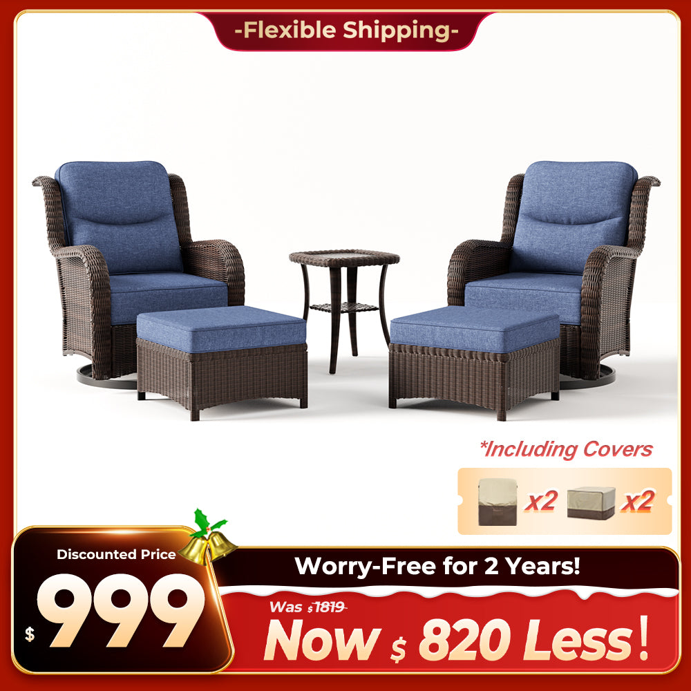 Ardenelle Luxury 5 Piece Patio Wicker Conversation Set With Ottomans And Covers