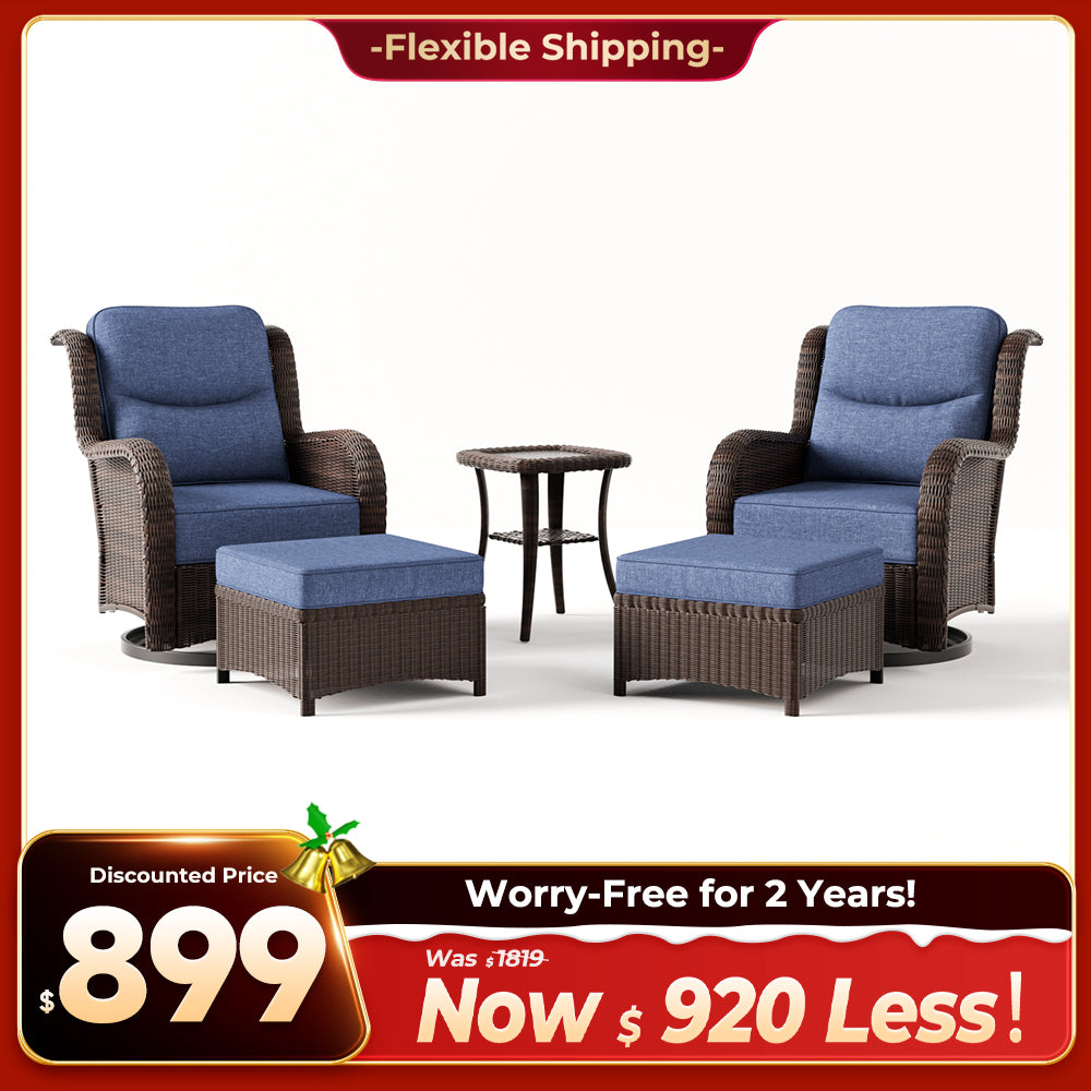 Ardenelle Luxury 5 Piece Patio Wicker Conversation Set With Ottomans And Covers