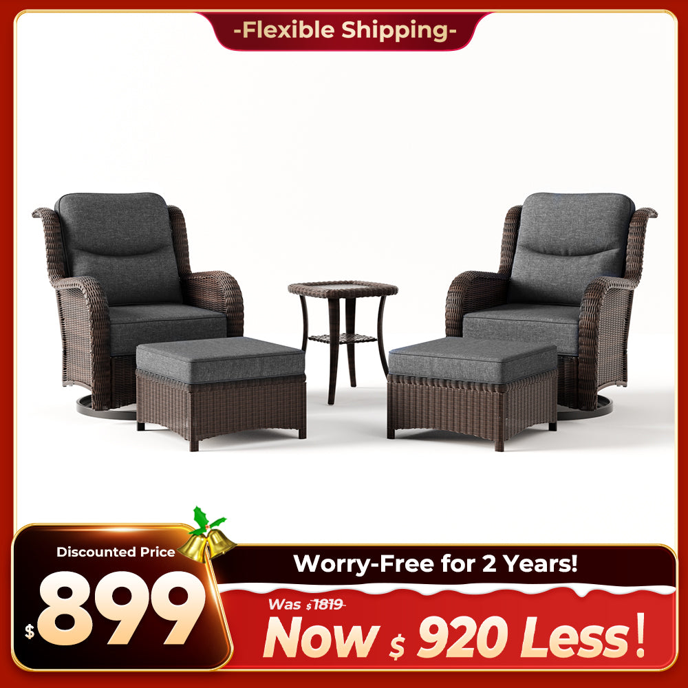 Ardenelle Luxury 5 Piece Patio Wicker Conversation Set With Ottomans And Covers