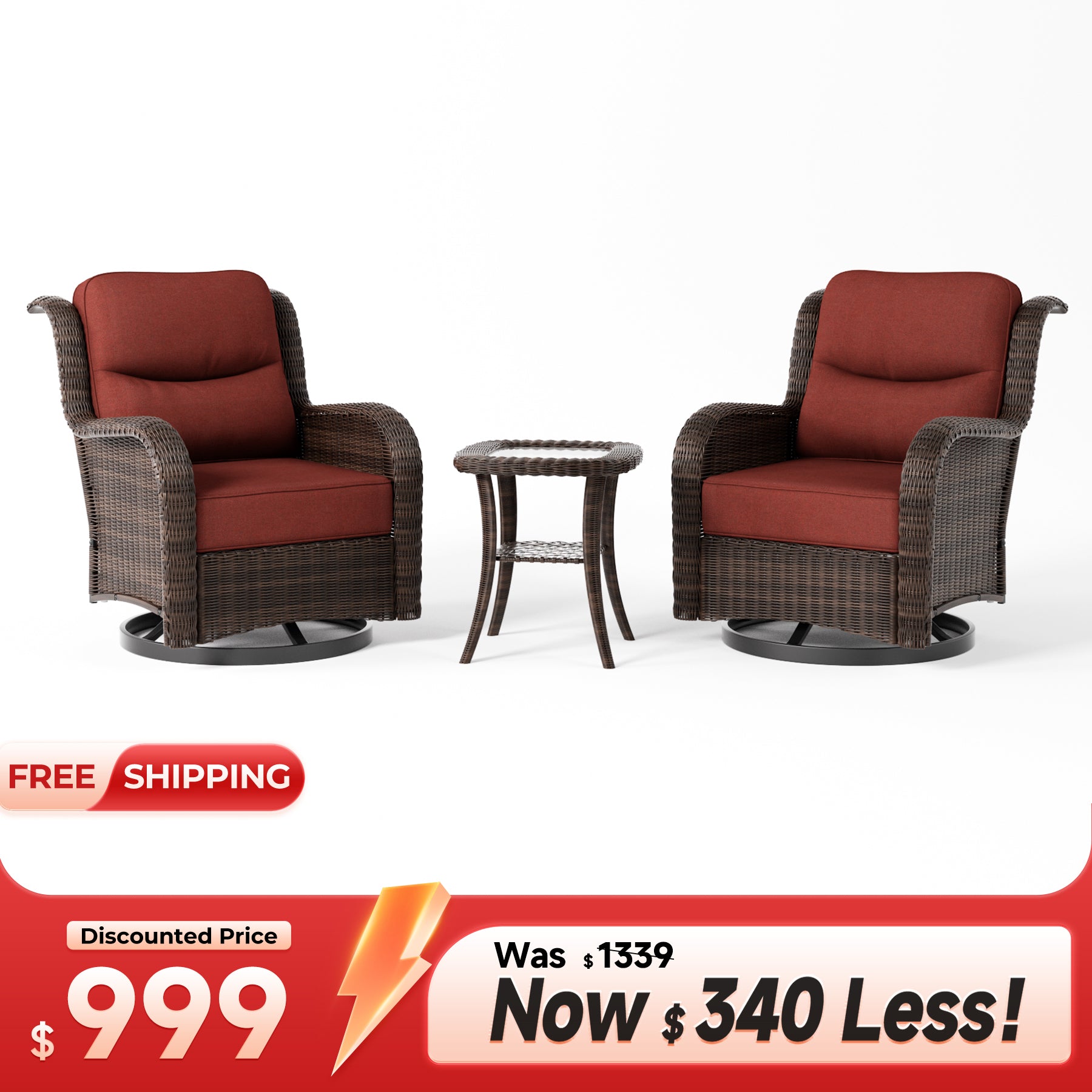 Ardenelle Luxury 3 Piece Patio Wicker Conversation Set With Side Table And Covers