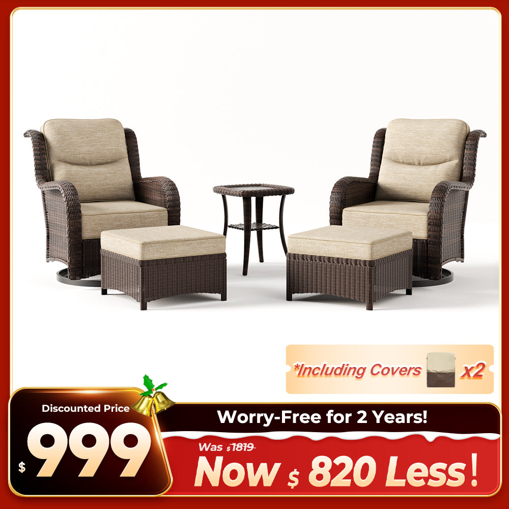 Ardenelle Luxury 5 Piece Patio Wicker Conversation Set With Ottomans And Covers