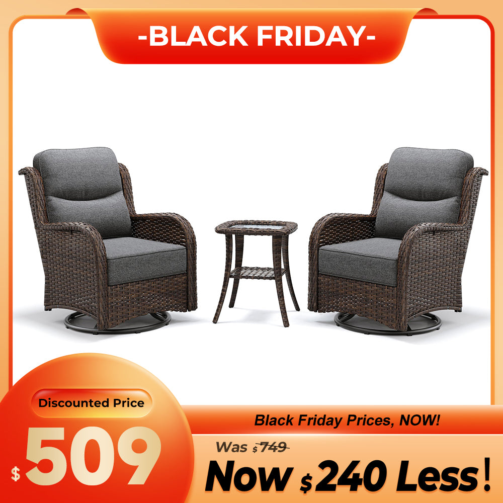Hawthorne 3 Piece Outdoor Wicker 360° Swivel Conversation Set With Cushions & Side Table For Porch