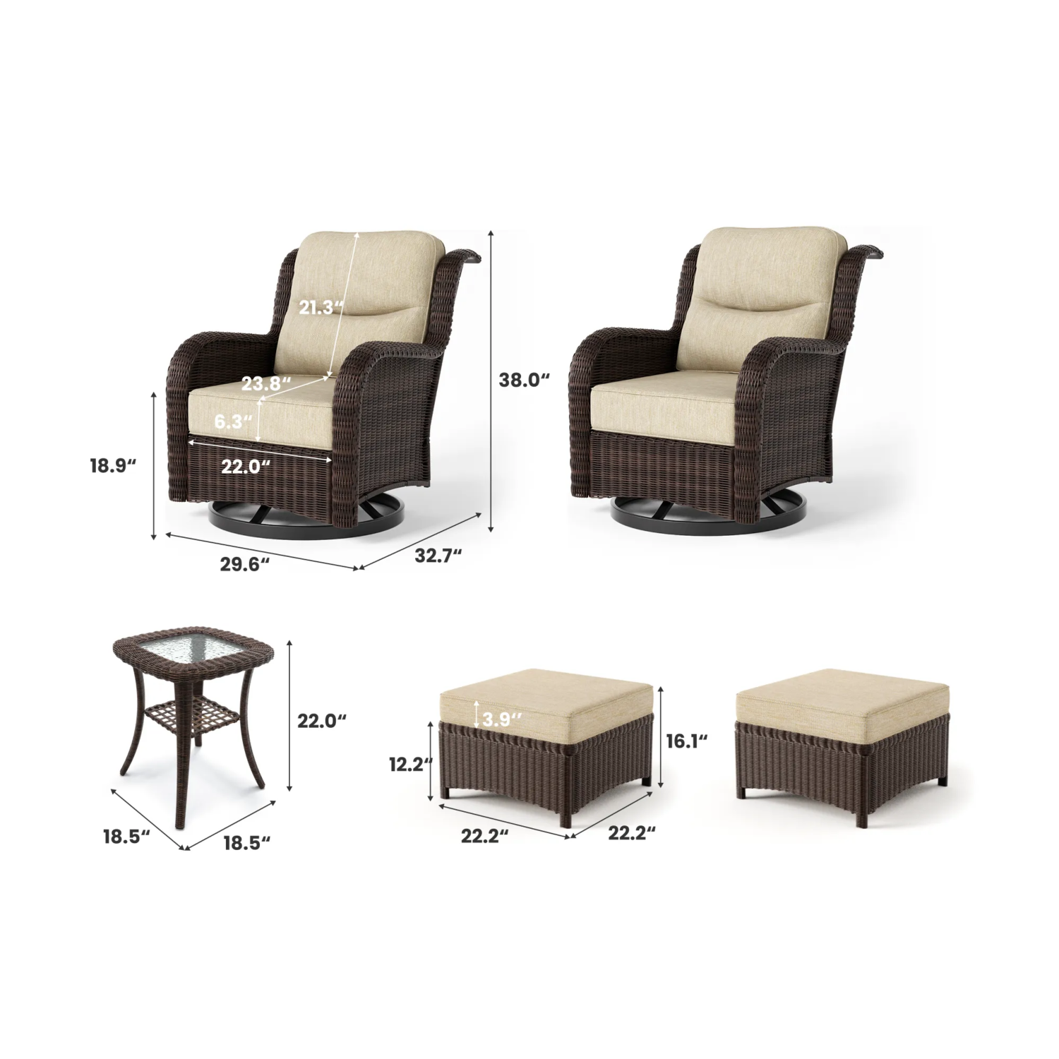 Ardenelle Luxury Patio Furniture Wicker 3-Seater Sofa & Outdoor Swivel Glider Chairs In Sand With High Back 6-Inch Thick Cushions For Porch, Deck, Backyard