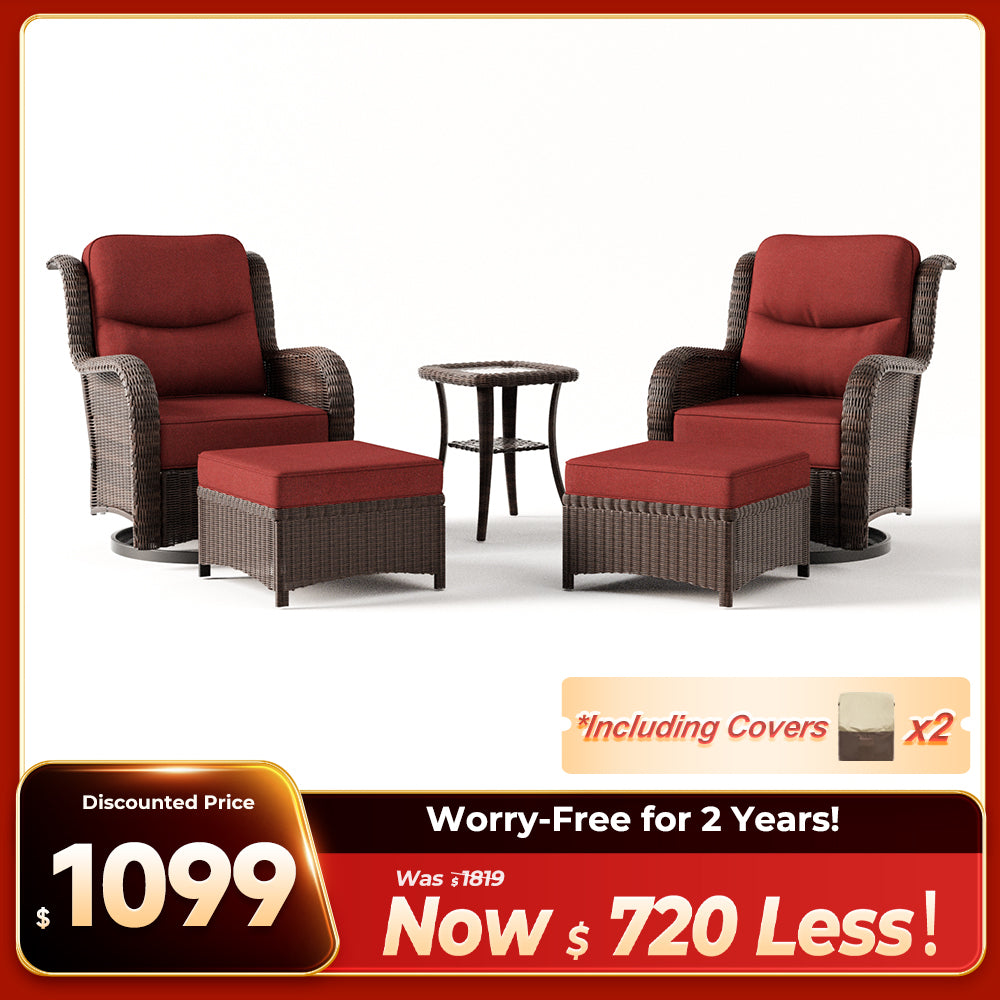 Ardenelle 5 Piece Patio Wicker Conversation Set With Ottomans