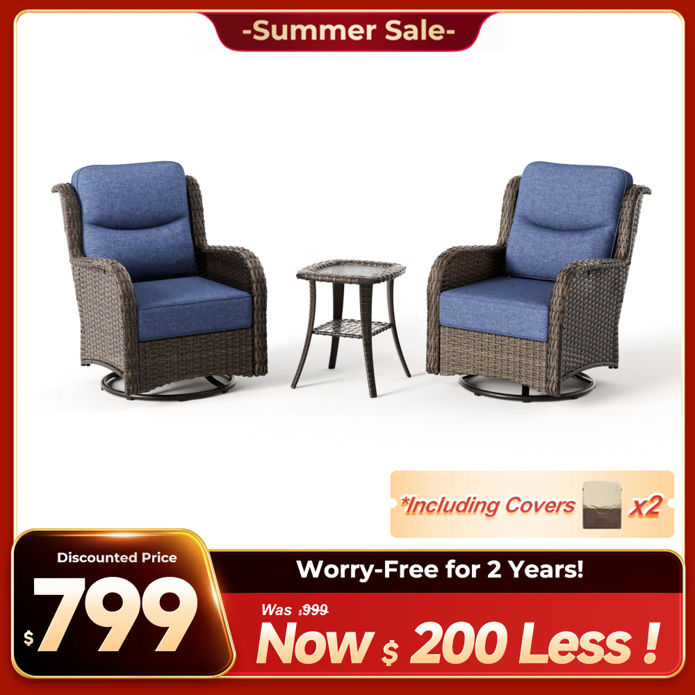 Hawthorne 3 Piece Outdoor Wicker 360° Swivel Conversation Set With Cushions & Side Table For Porch