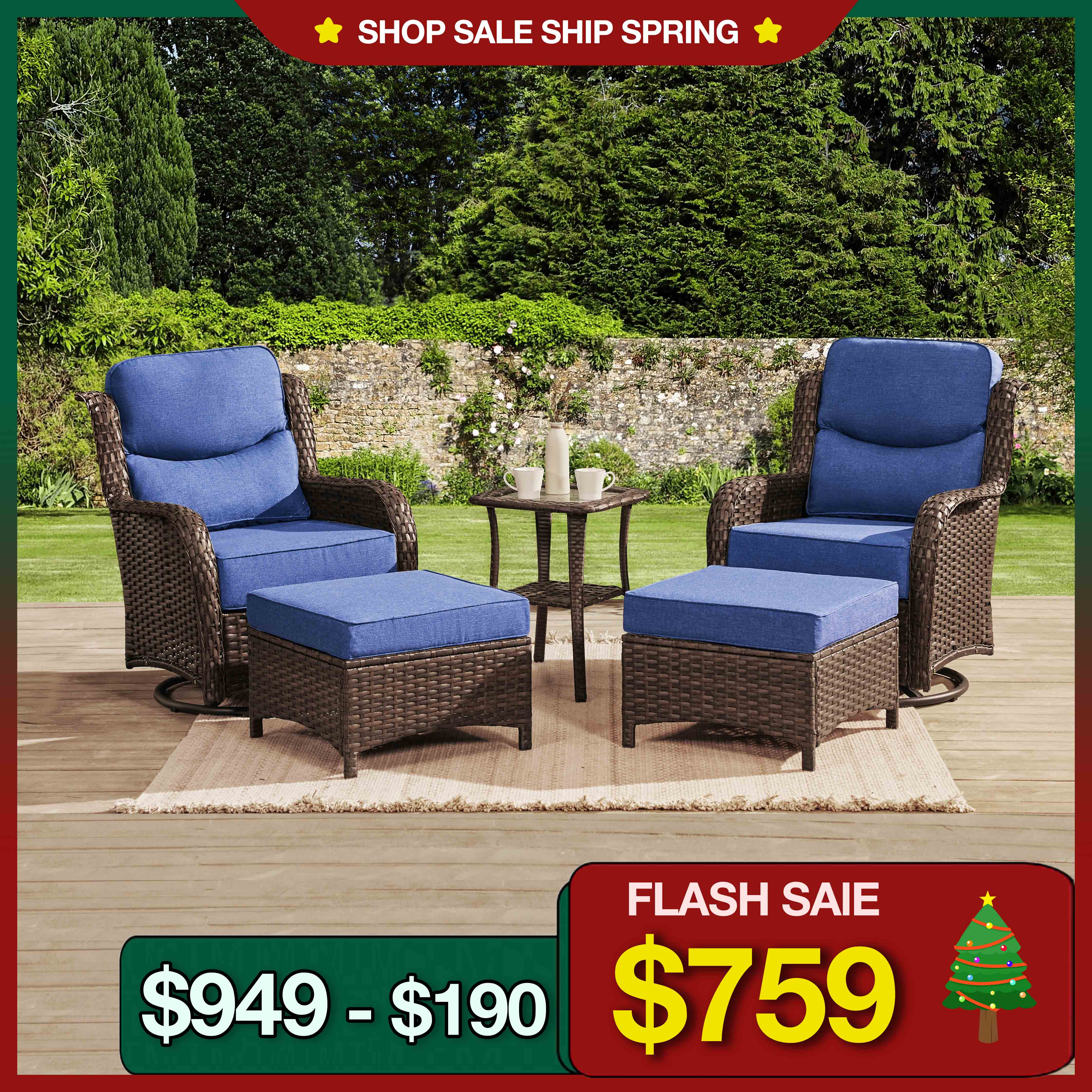 Swivel Glider Blue Conversation Set V2 With Ottomans