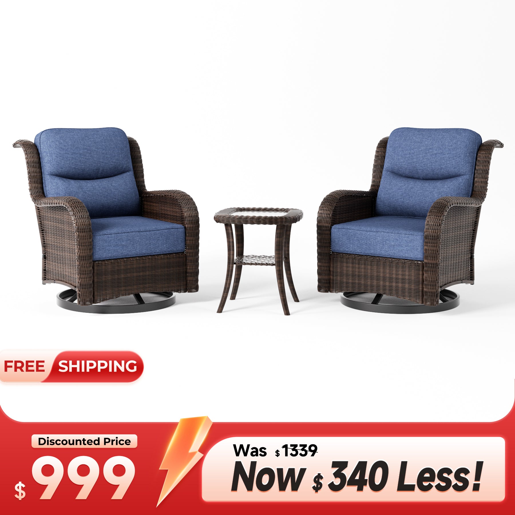 Ardenelle Luxury 3 Piece Patio Wicker Conversation Set With Side Table And Covers