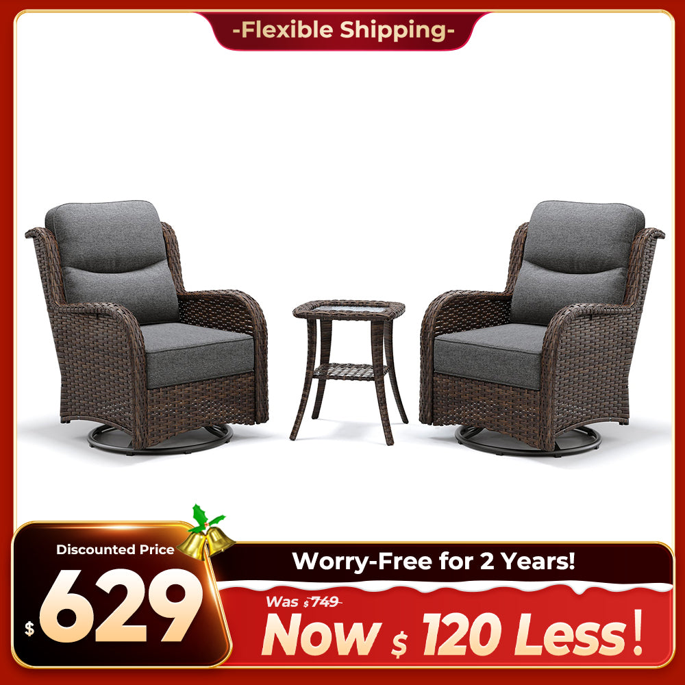 Hawthorne 3 Piece Outdoor Wicker 360° Swivel Conversation Set With Cushions & Side Table For Porch