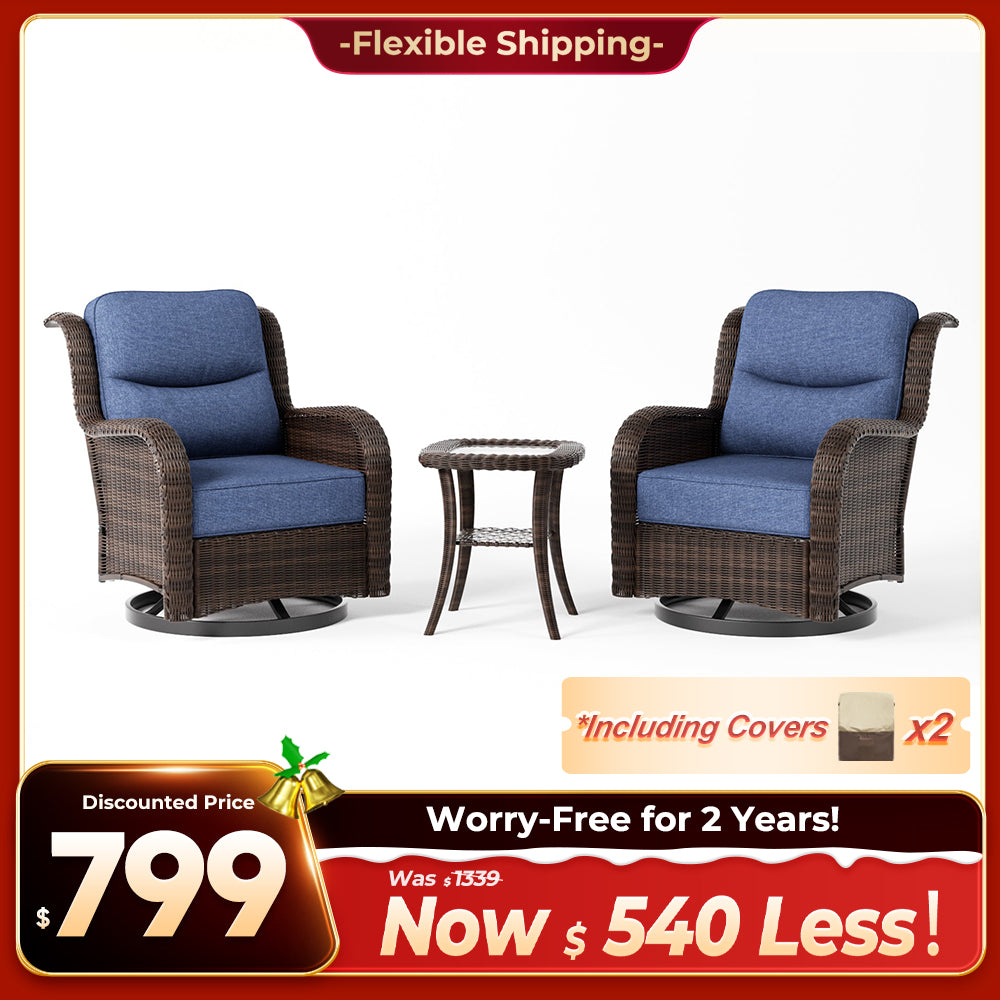 Ardenelle Luxury 3 Piece Patio Wicker Conversation Set With Side Table And Covers