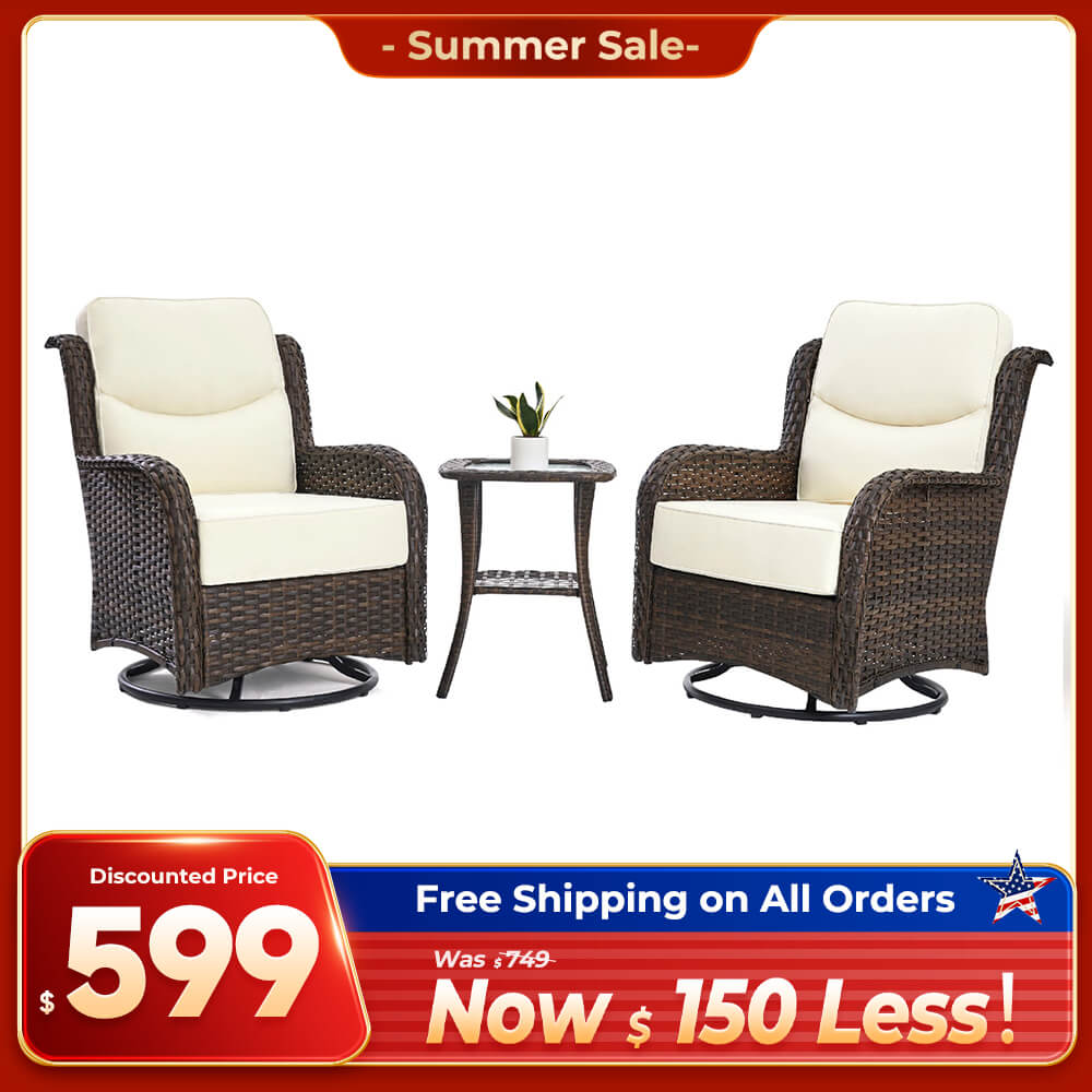 Hawthorne 3 Piece Outdoor Wicker 360° Swivel Conversation Set With Cushions & Side Table For Porch