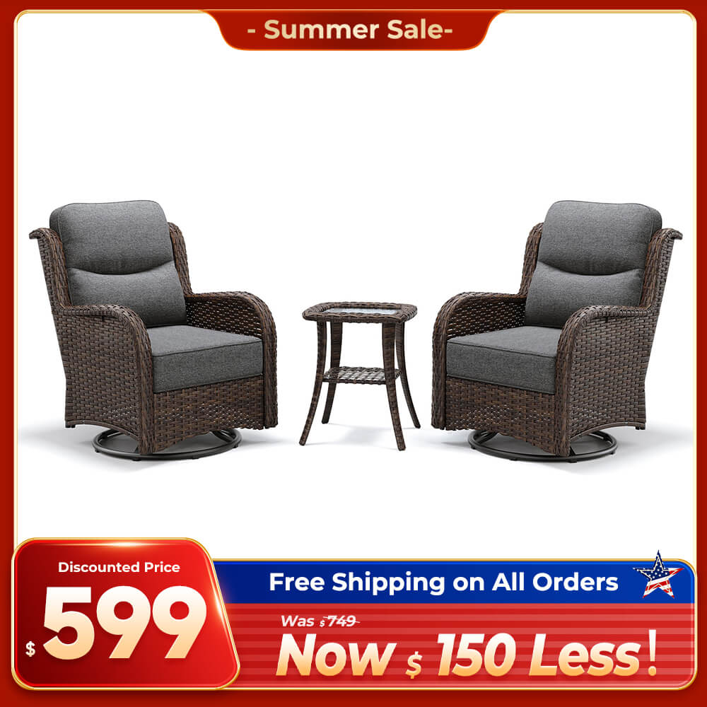 Hawthorne 3 Piece Outdoor Wicker 360° Swivel Conversation Set With Cushions & Side Table For Porch