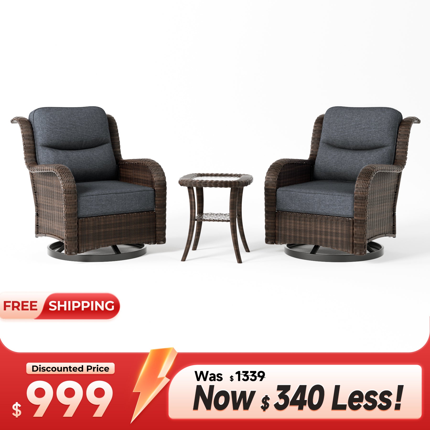 Ardenelle Luxury 3 Piece Patio Wicker Conversation Set With Side Table And Covers