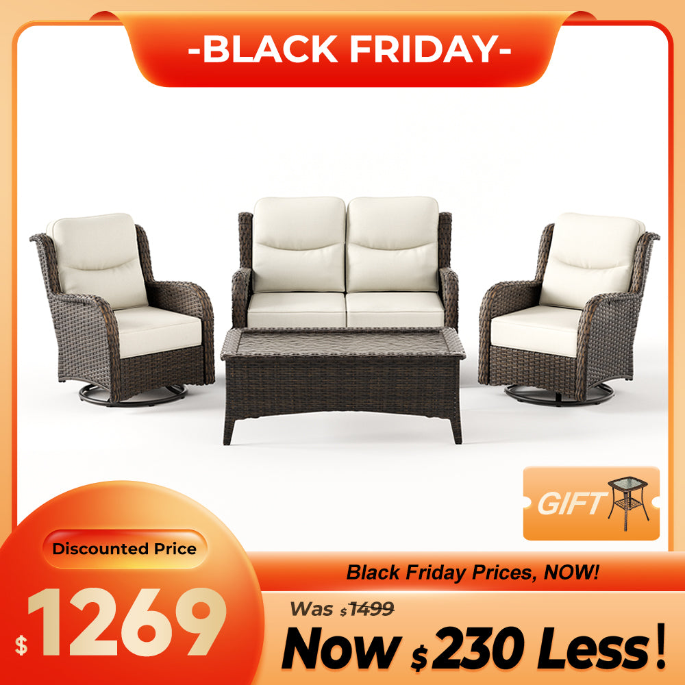 Hawthorne 4 Seater Patio Wicker Loveseat Set With Swivel Glider Chairs And Coffee Table