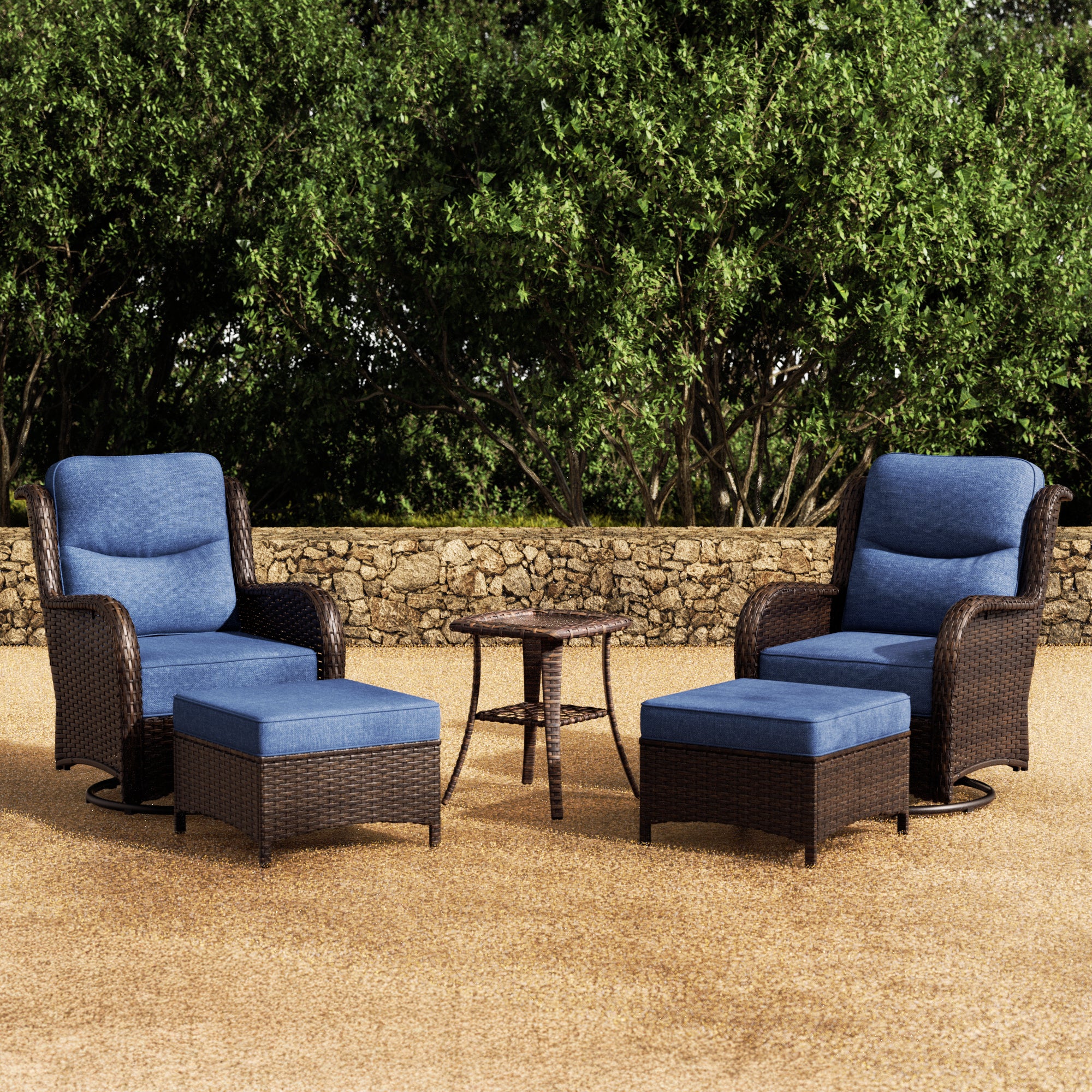 Hawthorne 5 Piece Outdoor Wicker Conversation Set With  Side Table & Ottomans For Balcony