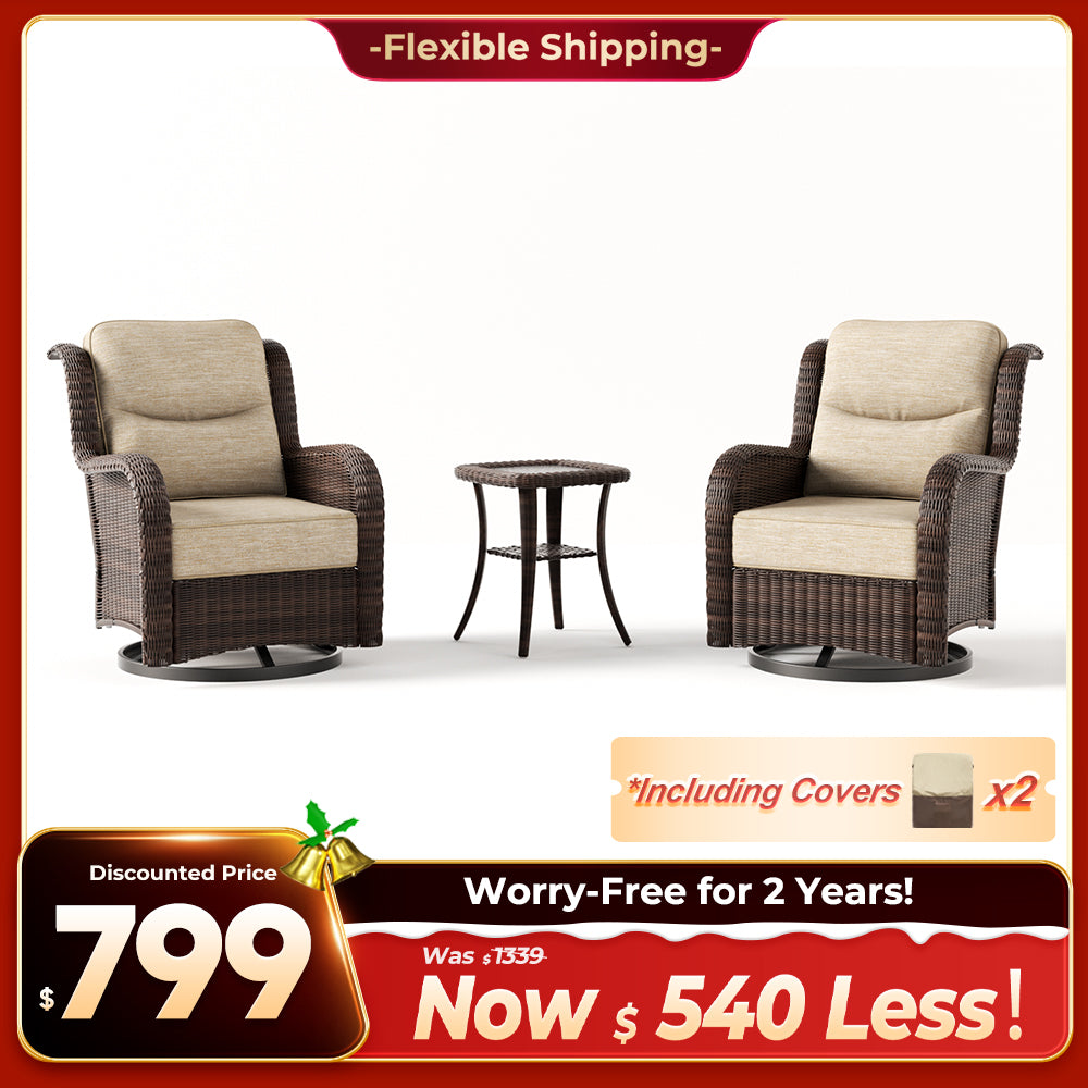 Ardenelle Luxury 3 Piece Patio Wicker Conversation Set With Side Table And Covers
